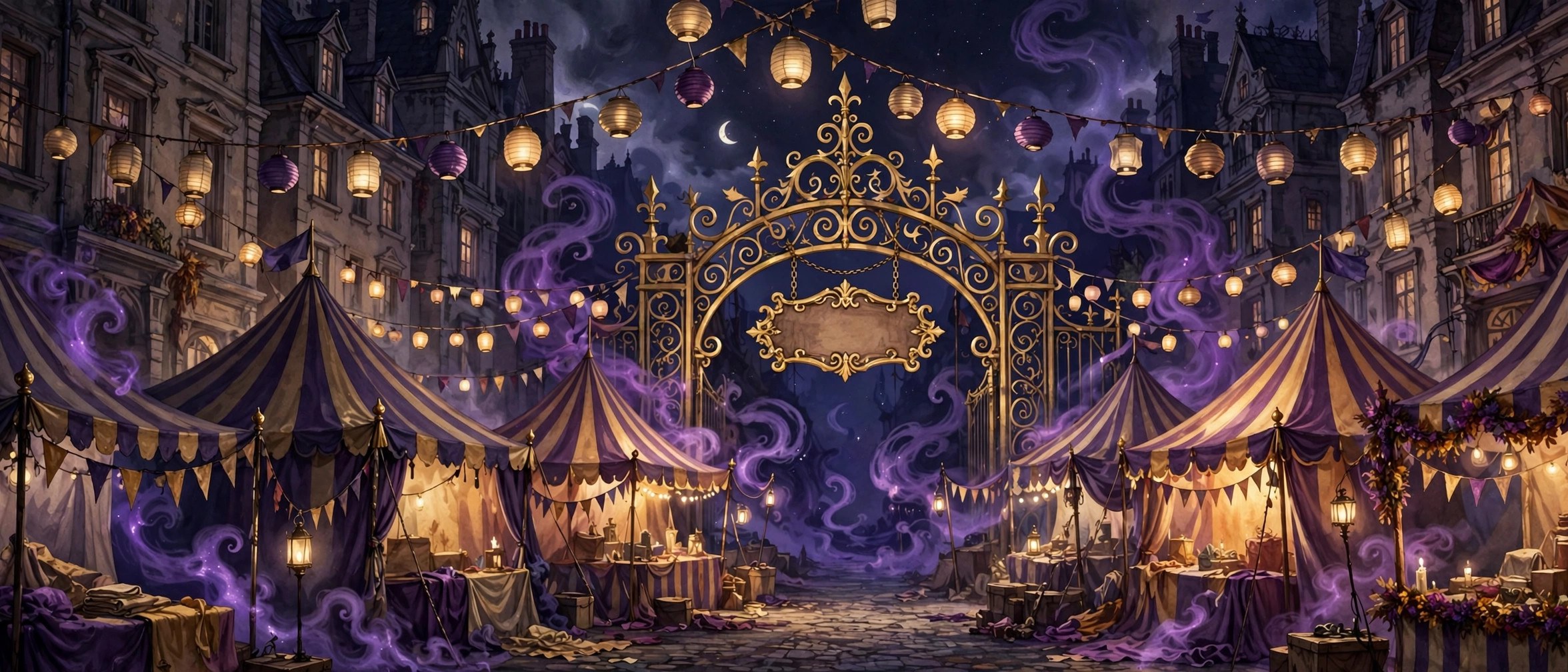 AI-generated illustration of a night carnival midway with striped tents, paper lanterns and purple smoke