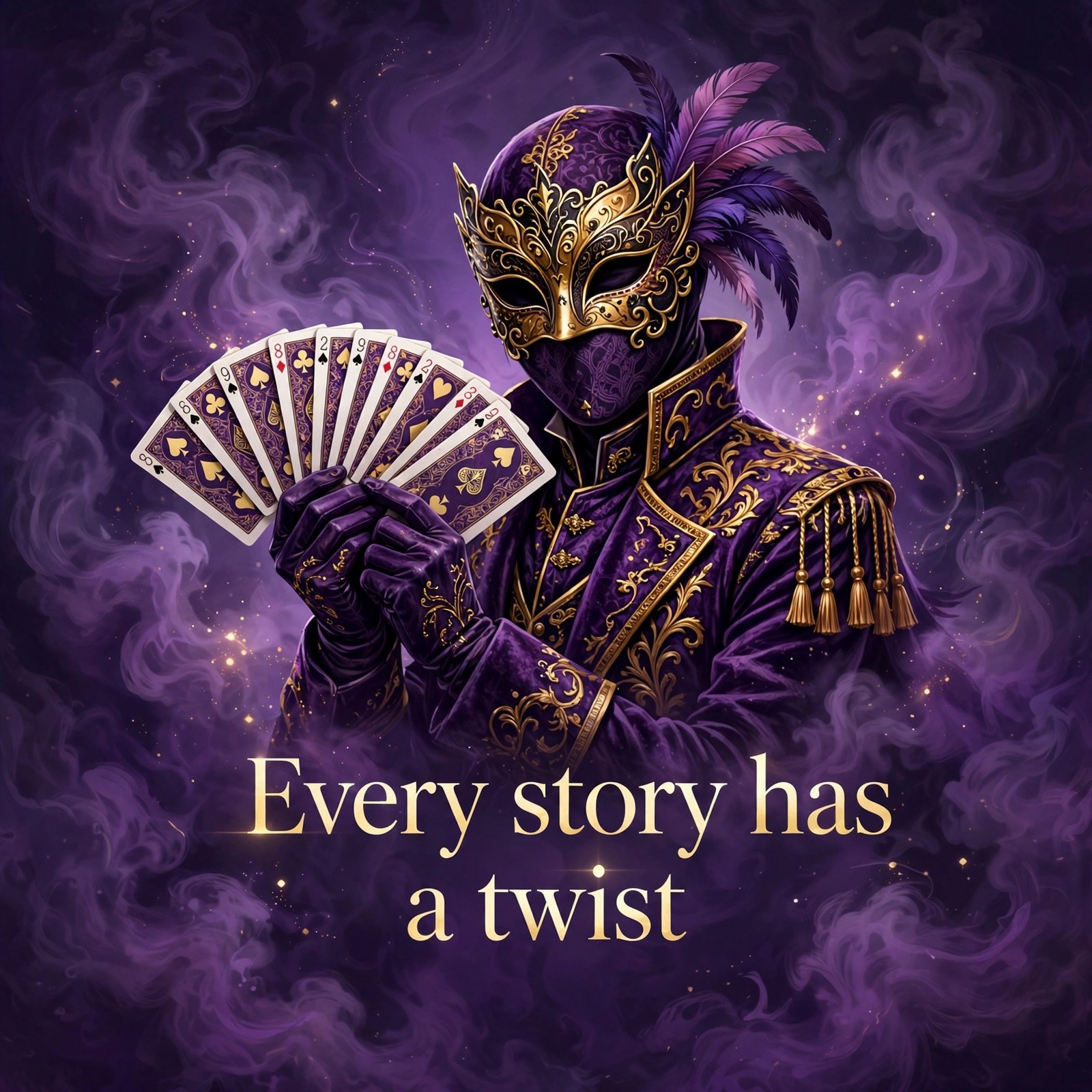AI-generated art of The Liar holding a fan of playing cards, all showing plot twists, with the words Every story has a twist centered in the middle of the image