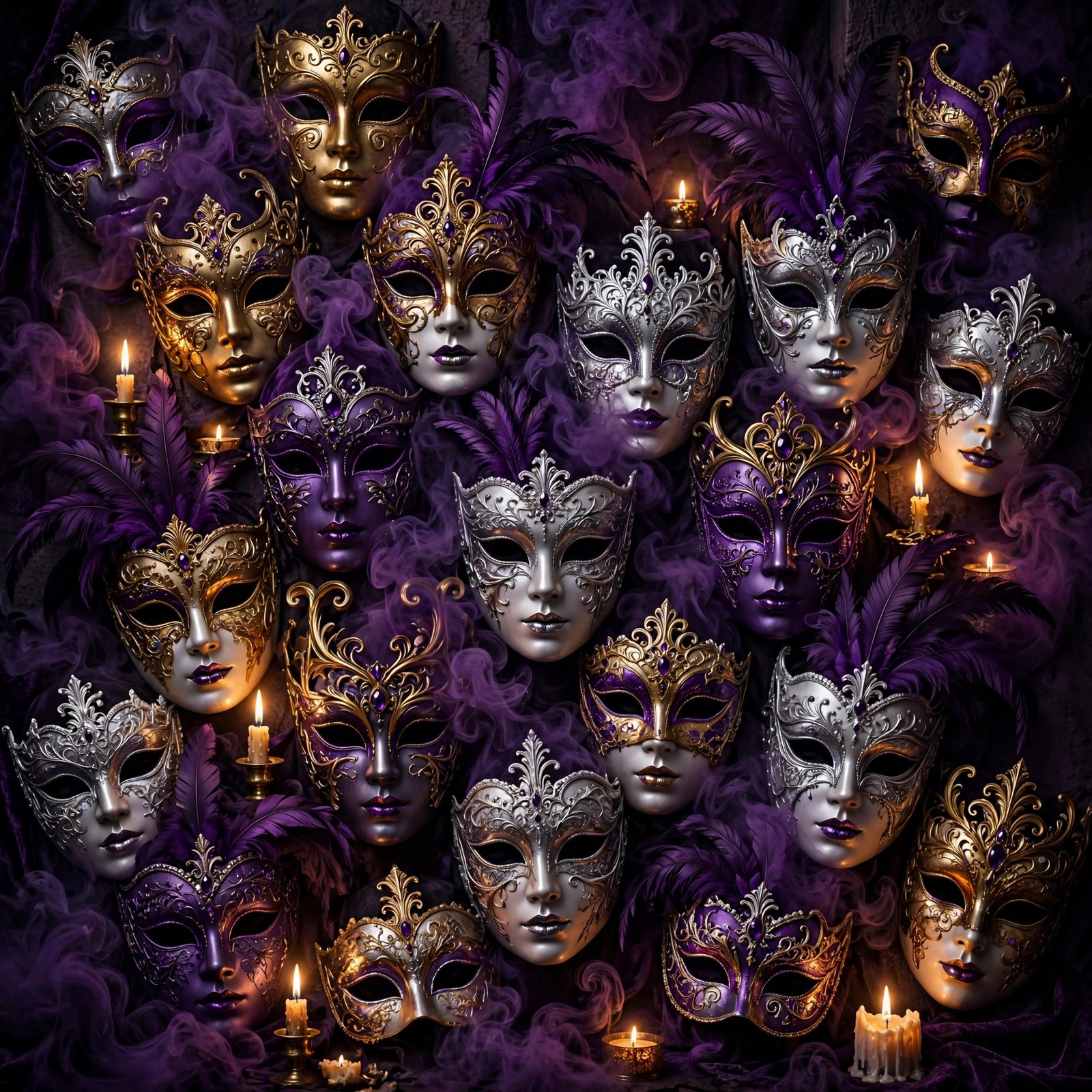 AI-generated art of a wall of eleven masquerade masks in purple and smoke, no text