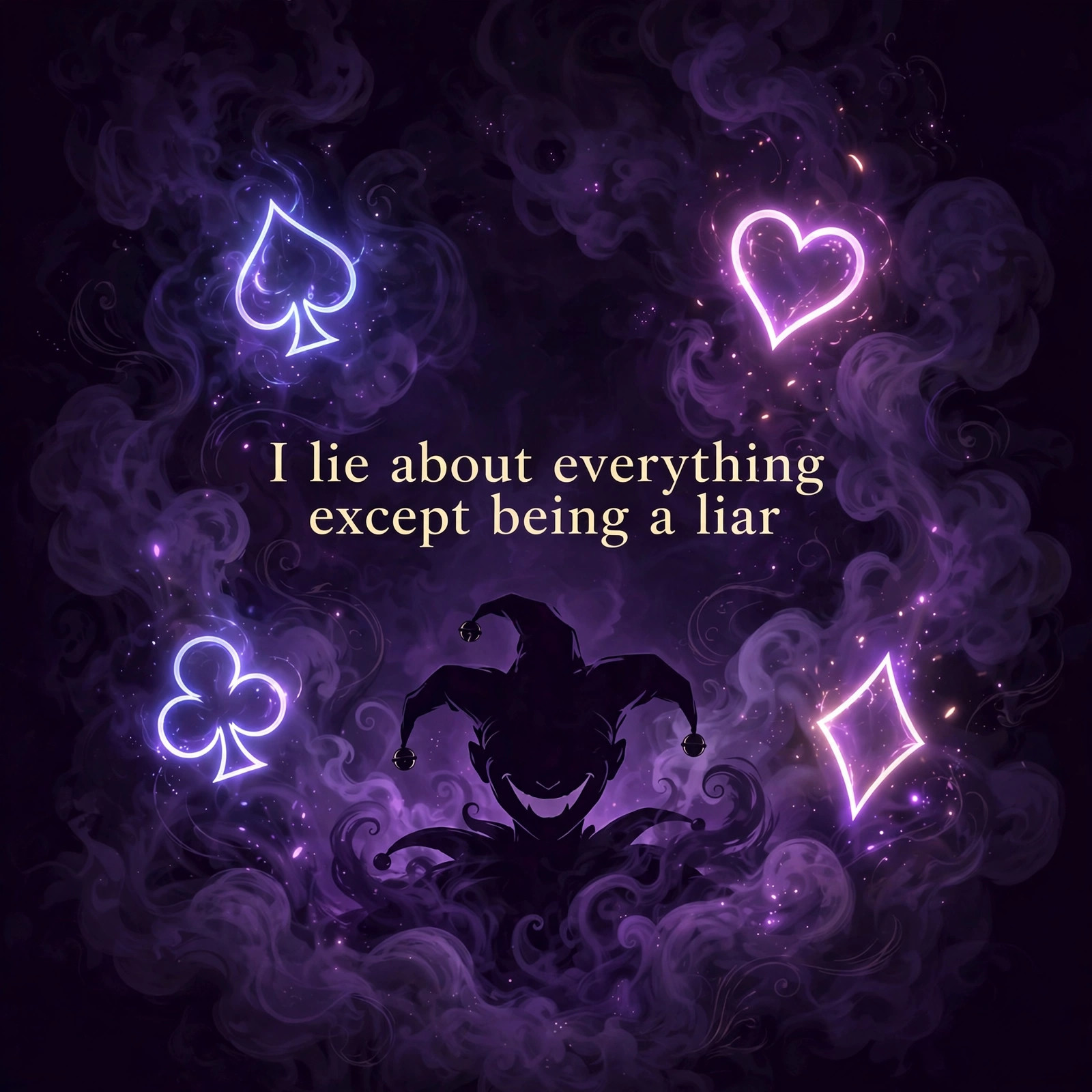 AI-generated art of a grinning trickster silhouette in smoke with the words I lie about everything except being a liar centered in the middle of the image