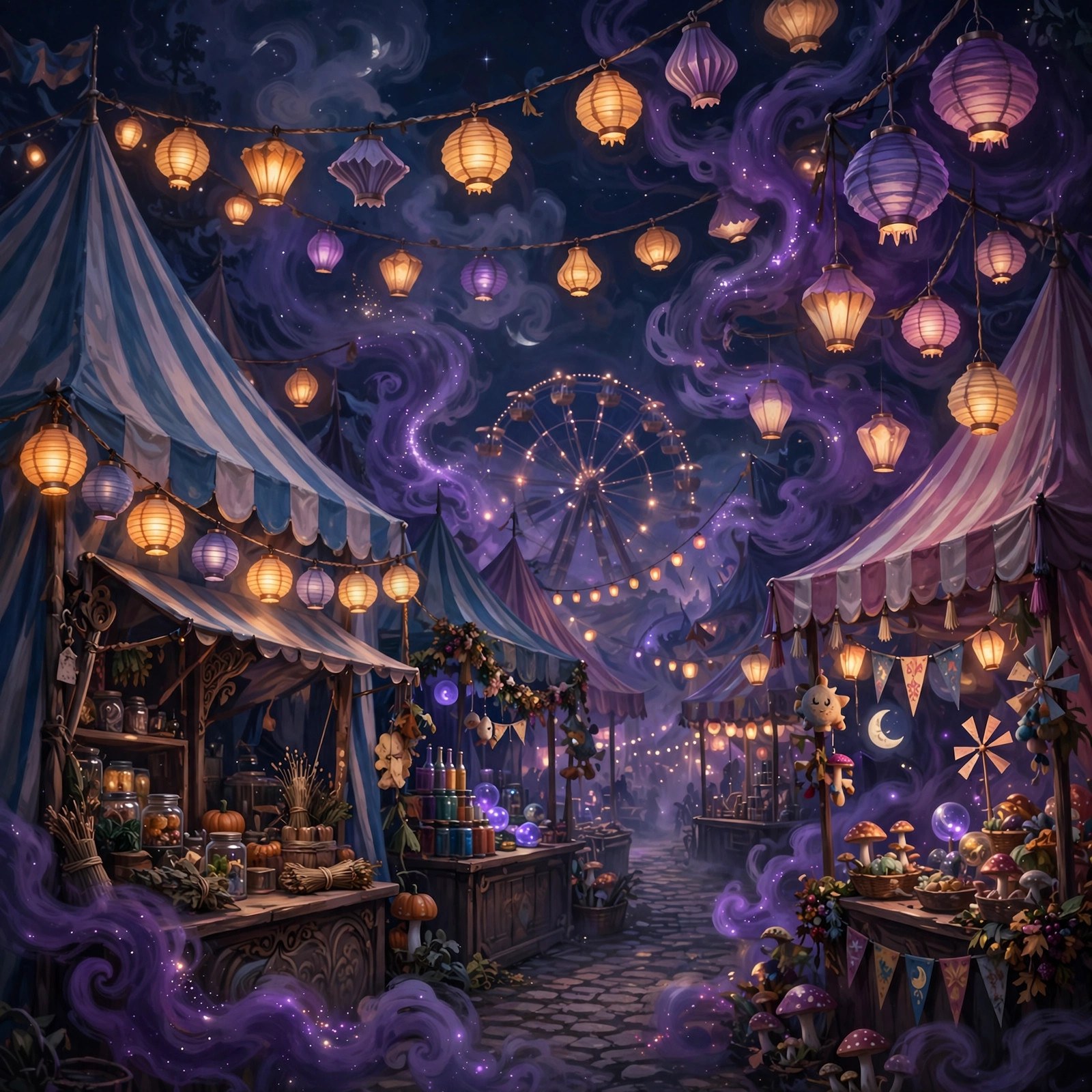 AI-generated art of a carnival midway at night in purple smoke with paper lanterns and eleven tents, no text