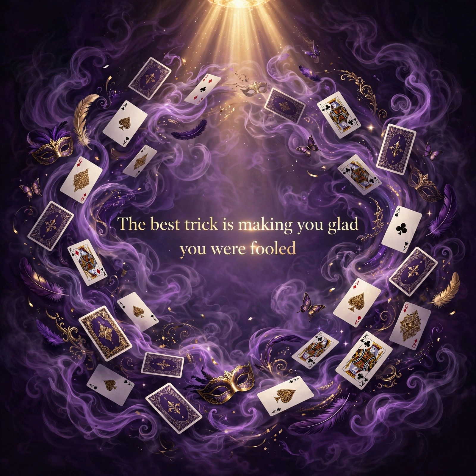 AI-generated art of playing cards swirling in smoke with the words The best trick is making you glad you were fooled centered in the middle of the image
