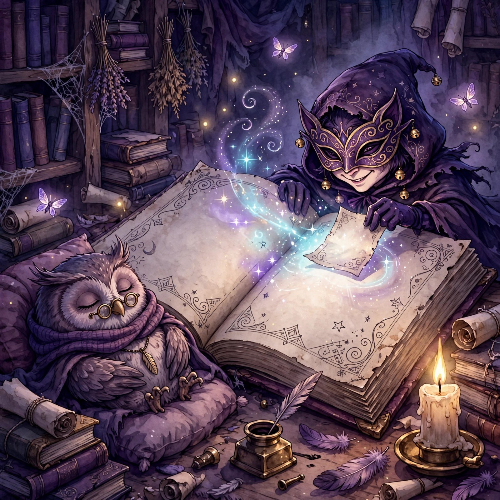 AI-generated art of a trickster slipping a footnote into a giant dusty ledger while an archivist owl-like figure sleeps, no text