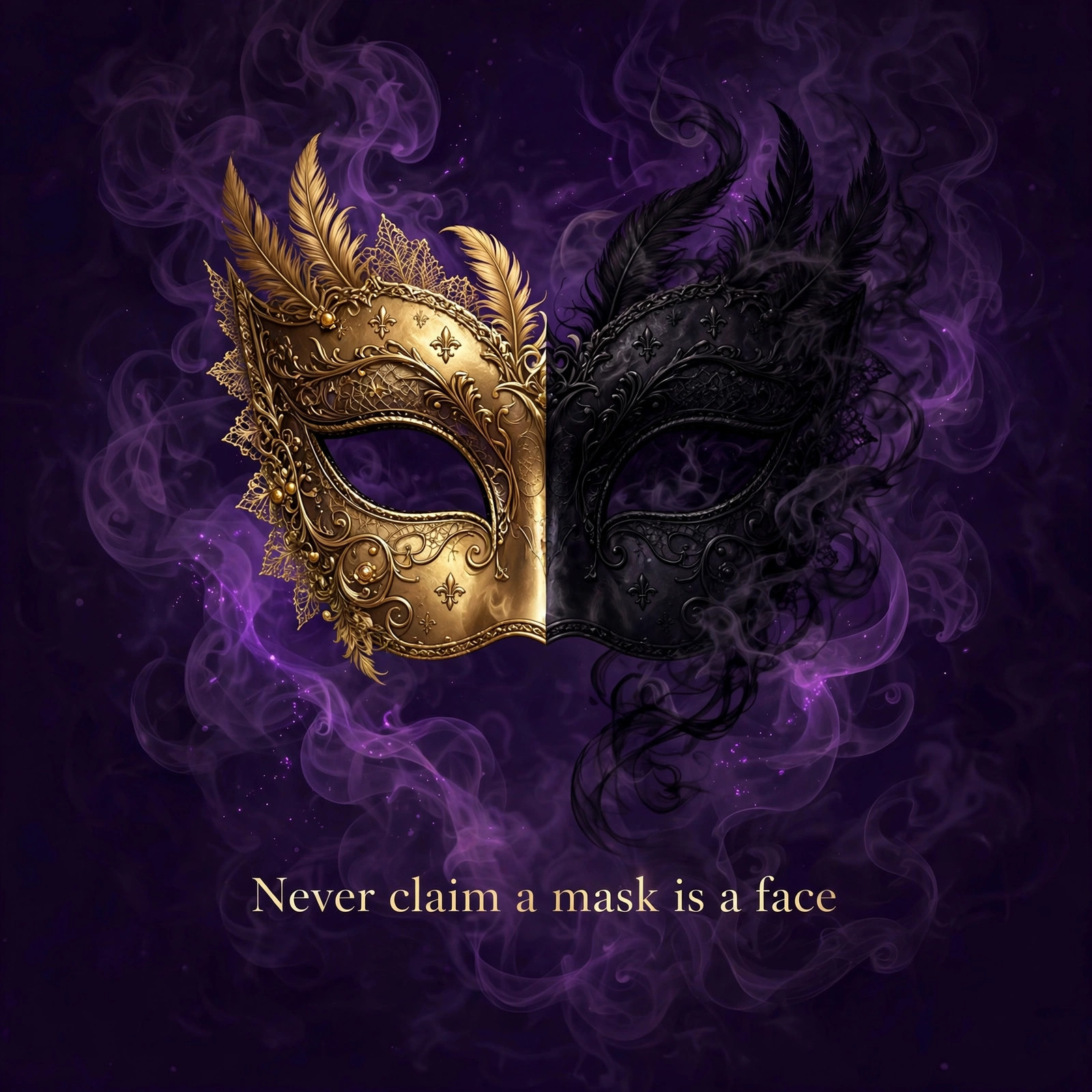 AI-generated art of a masquerade mask split down the middle with the words Never claim a mask is a face centered in the middle of the image