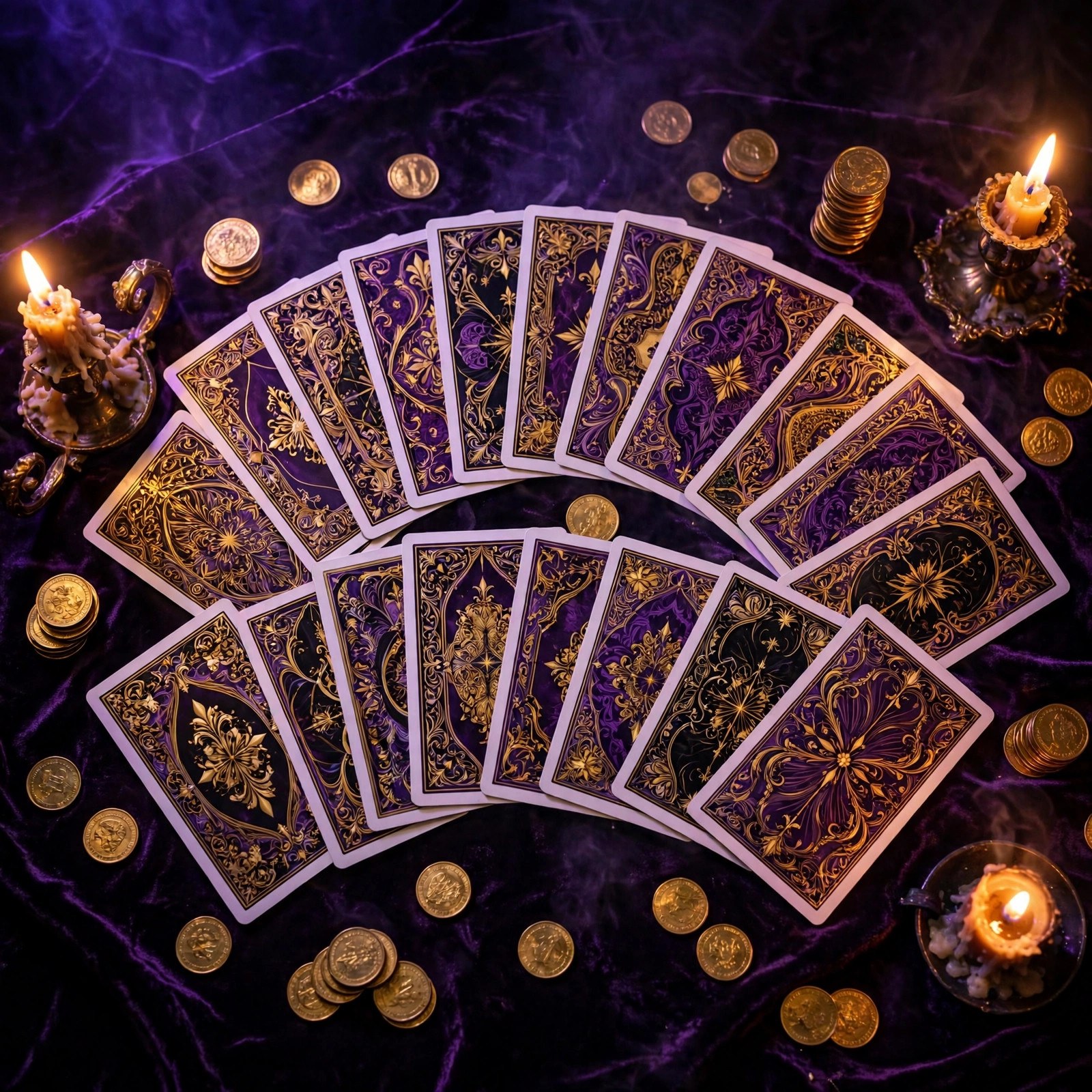 AI-generated art of an extravagant fan of playing cards fanned across a velvet table in purple light, no text