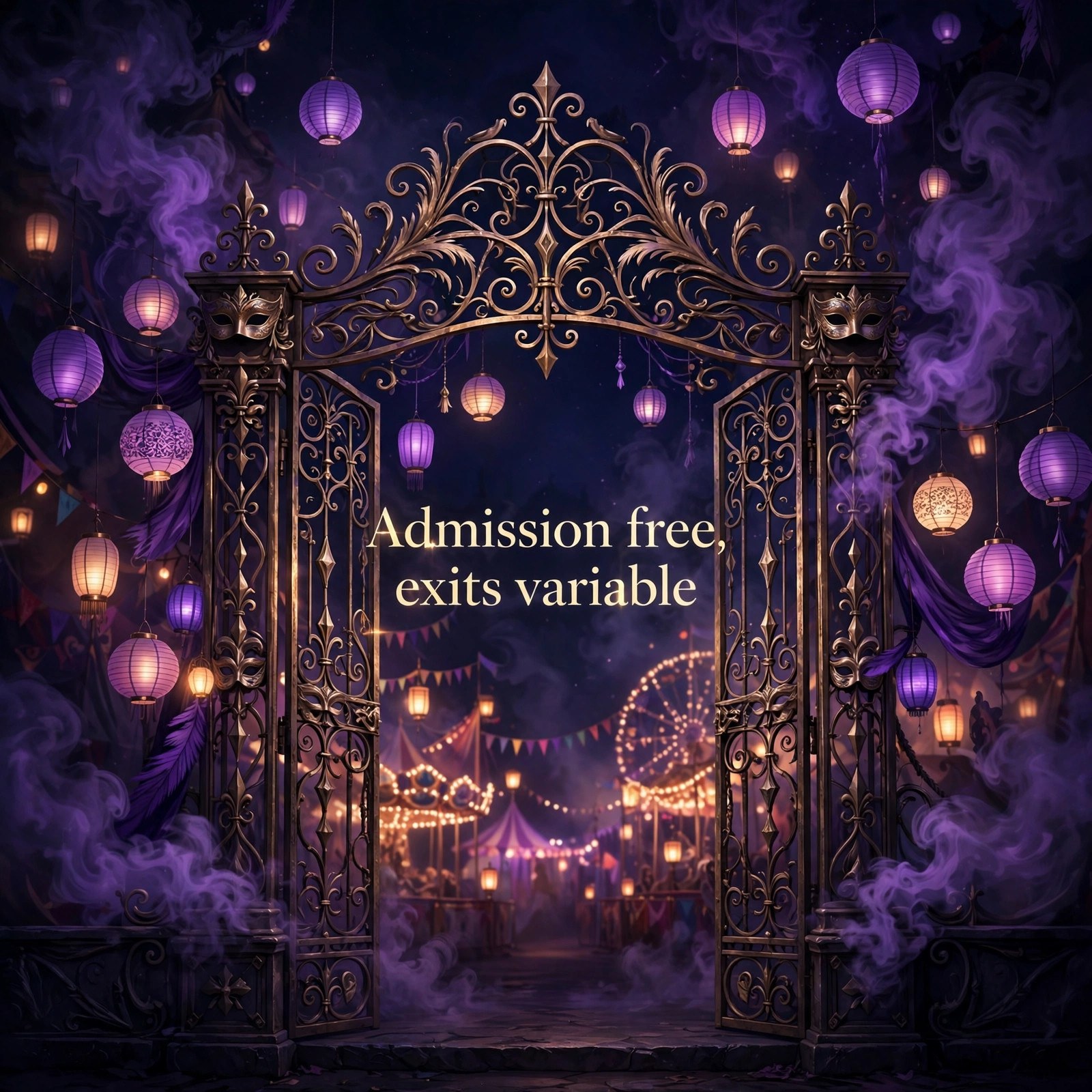 AI-generated art of a carnival gate in smoke with the words Admission free, exits variable centered in the middle of the image