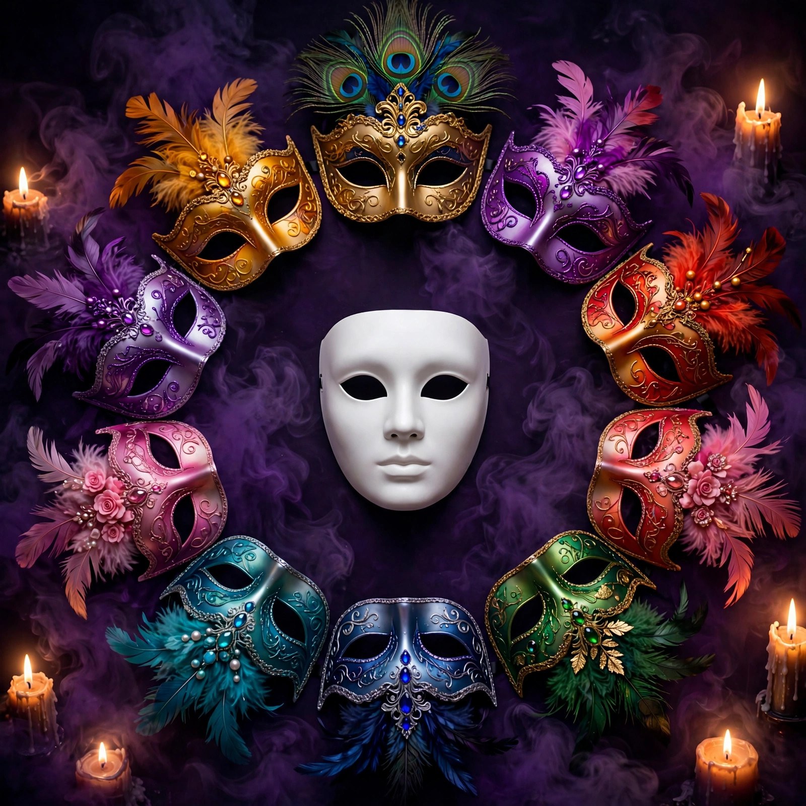 AI-generated art of a single plain mask labeled No Mask among ten ornate masquerade masks, no text