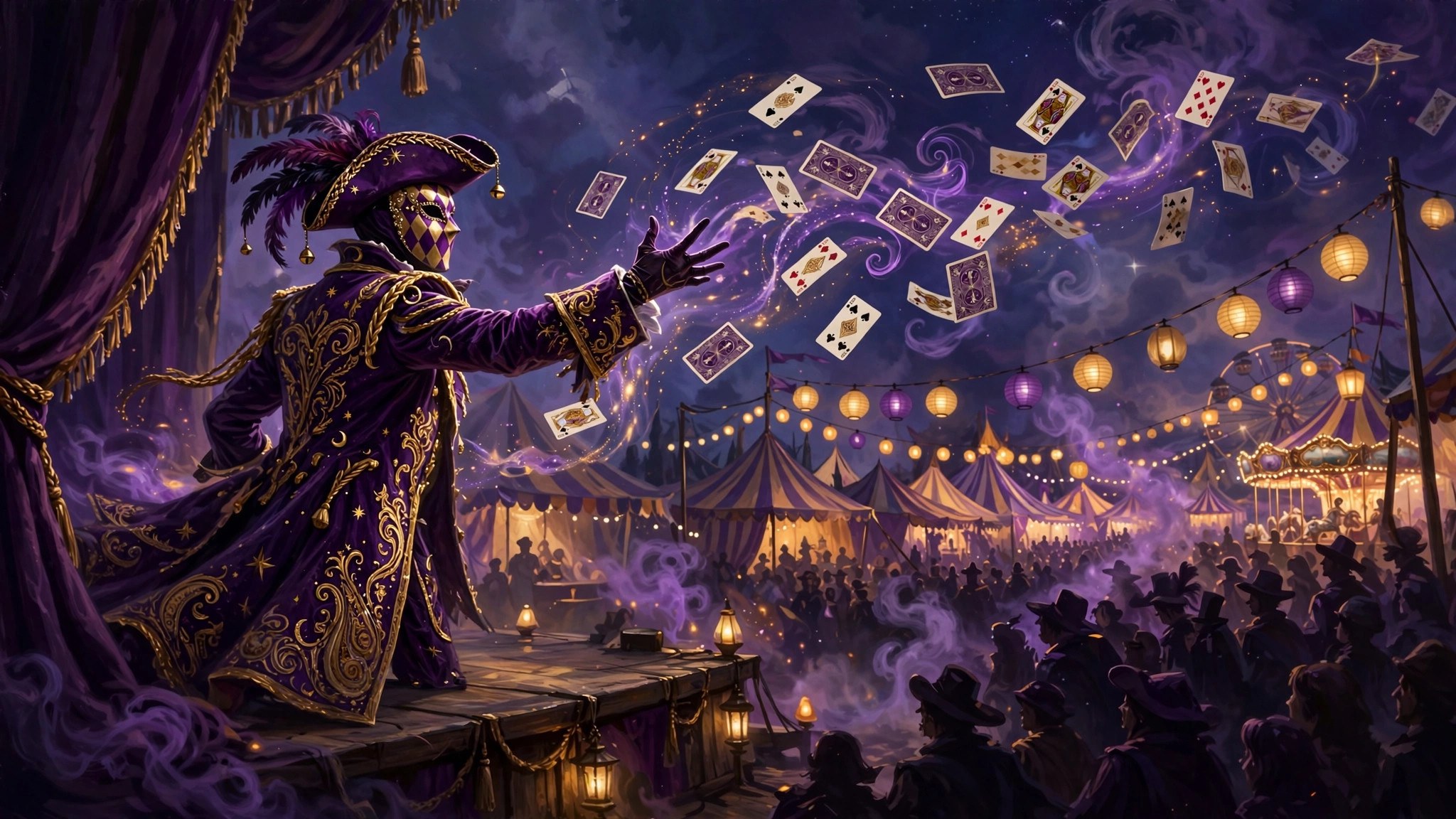 AI-generated wide illustration of the masked trickster on a carnival stage for the mockup stream