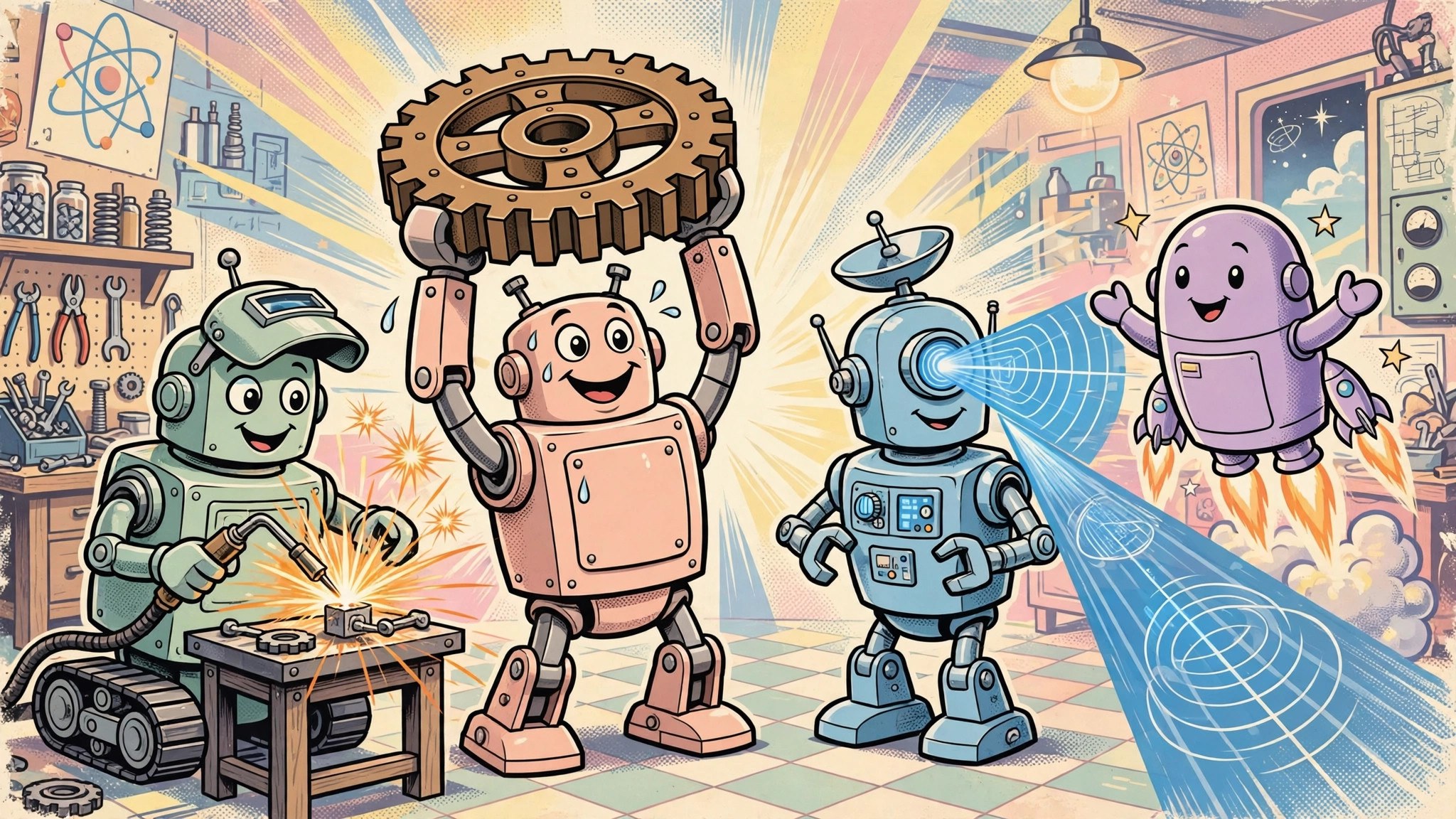 Four robots welding, lifting a gear, scanning and flying