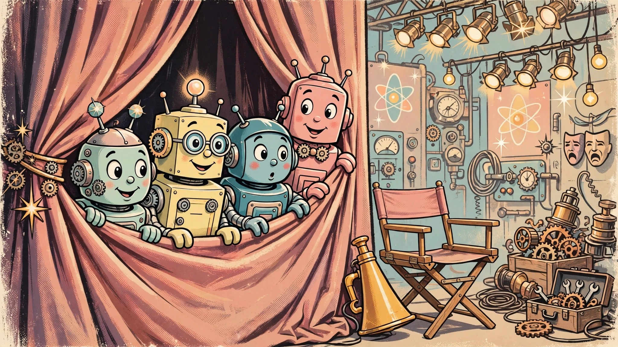 Four robots peeking from behind a velvet stage curtain