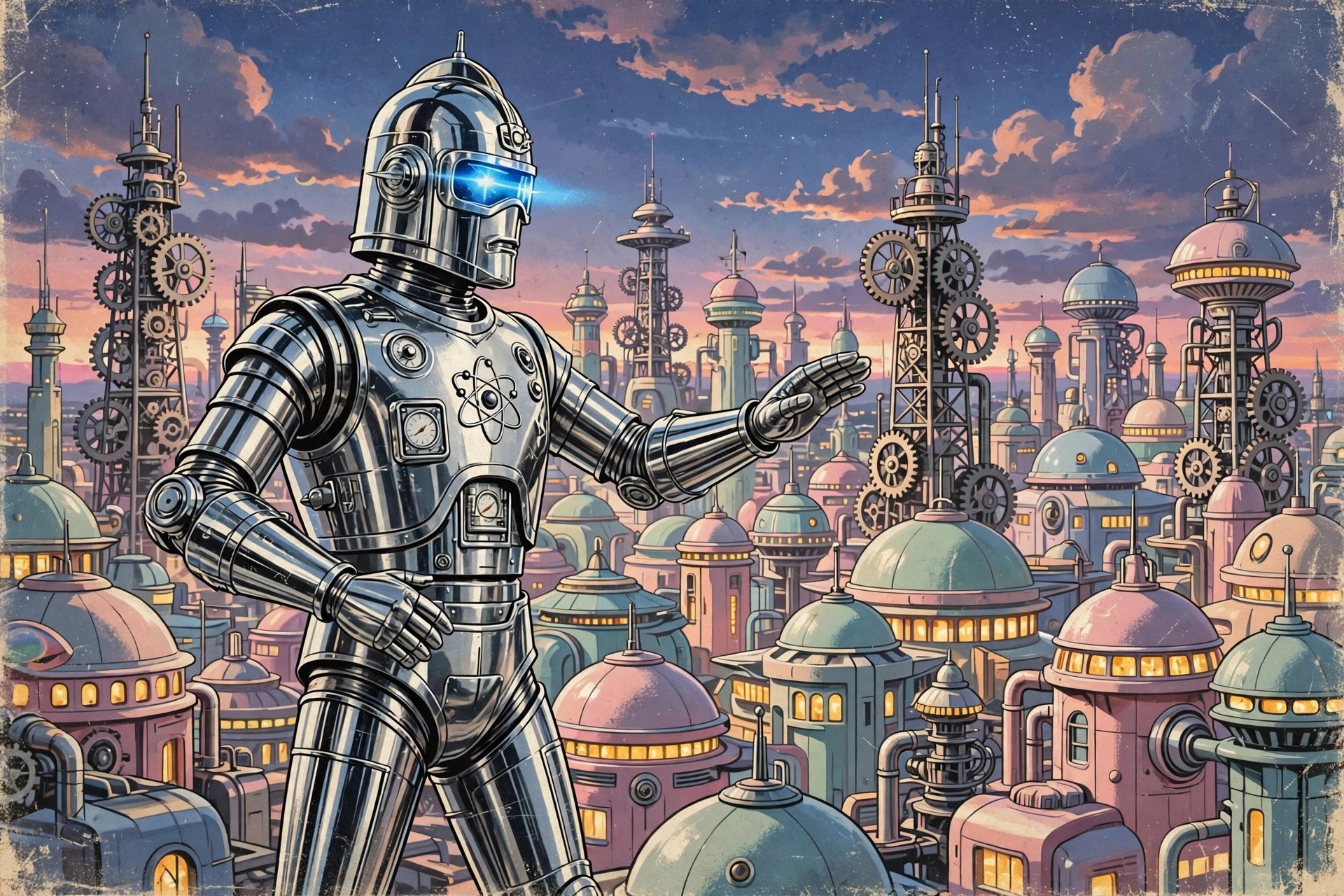 Tall sleek silver robot with a glowing blue visor before a pastel city