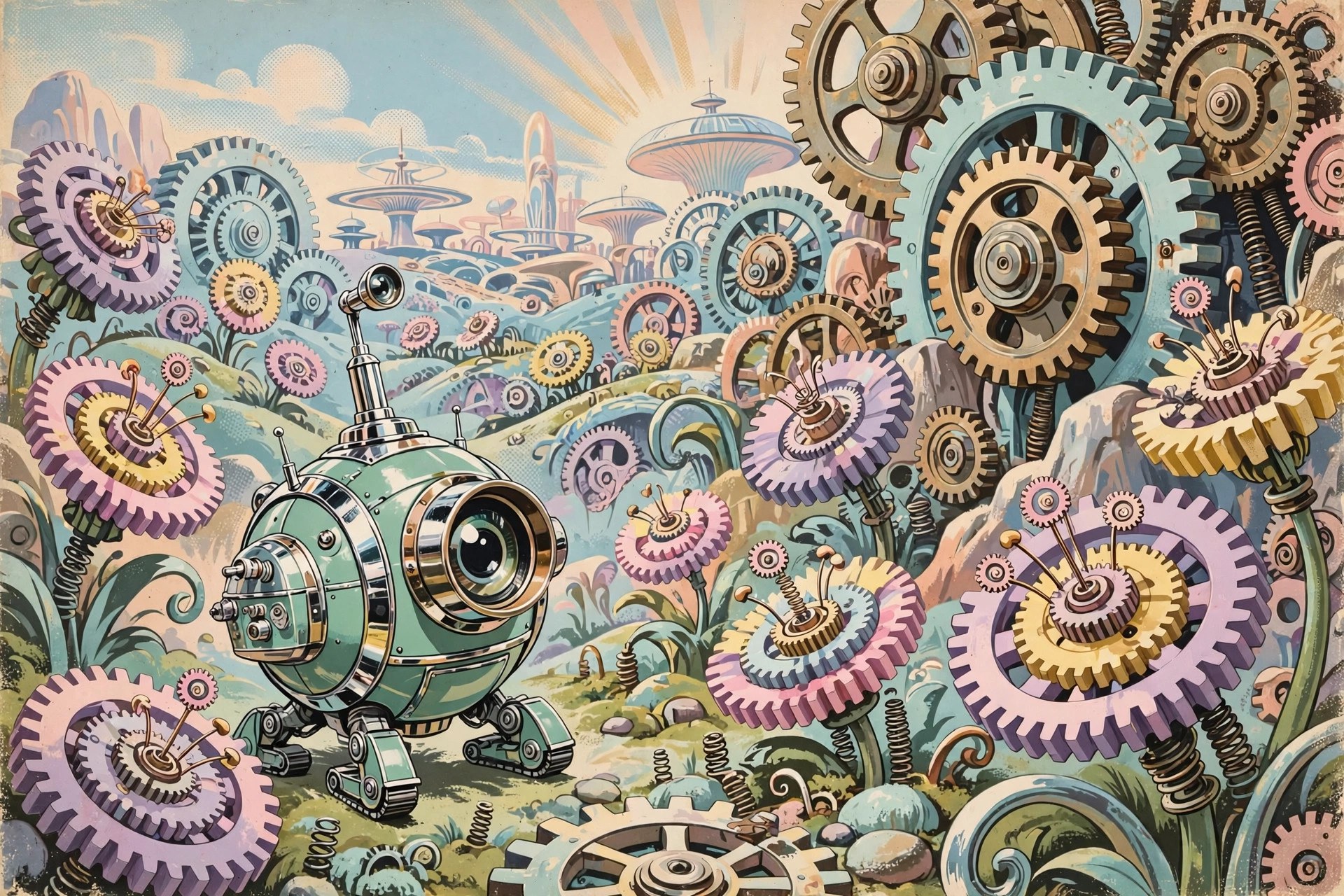 Round scout robot with a big lens eye in a garden of giant gears