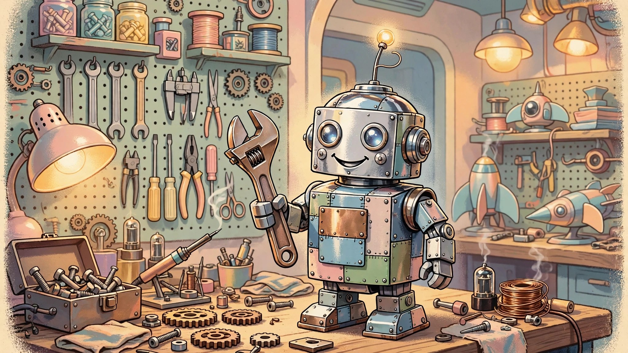 Small chrome robot tinkerer with a wrench in a cozy workshop
