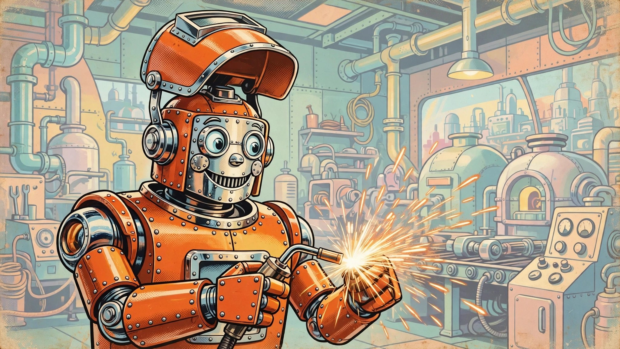 Stocky orange robot welder with sparks flying