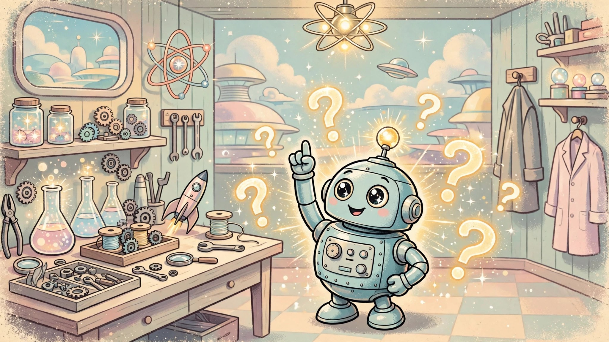 Small round robot raising its hand among glowing question marks
