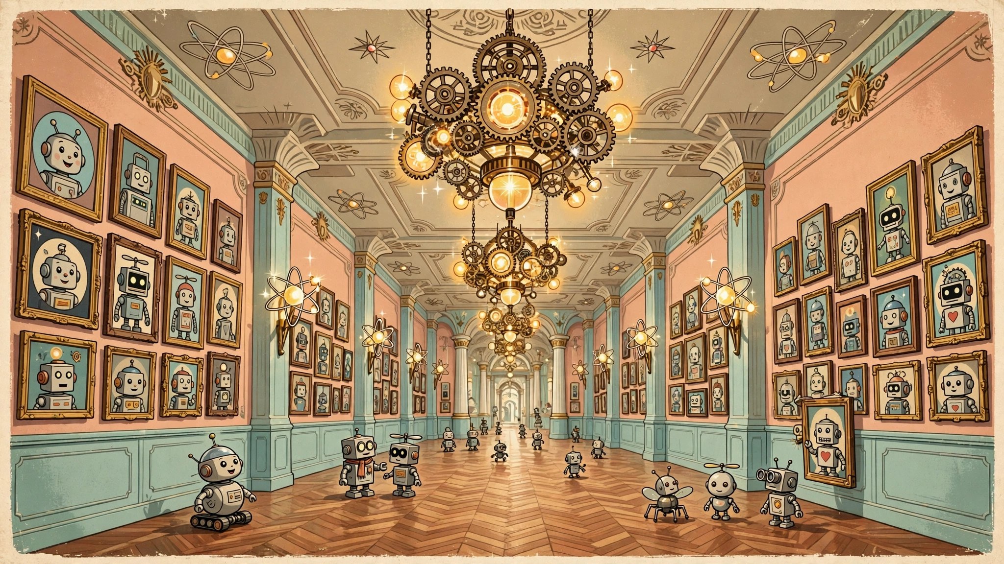 Art gallery hall filled with framed robot portraits