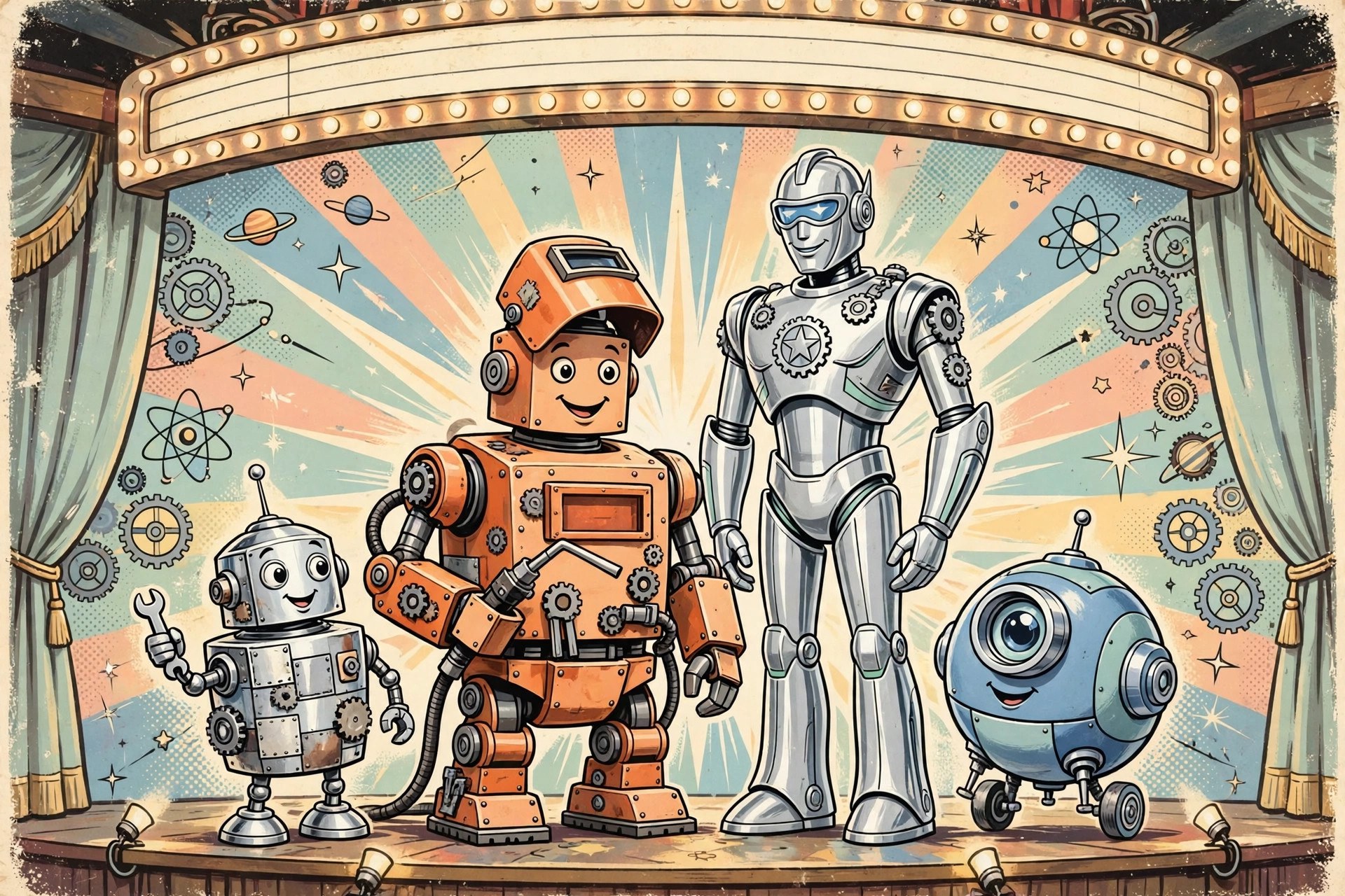 Four cartoon robots on a theater stage under a glowing marquee