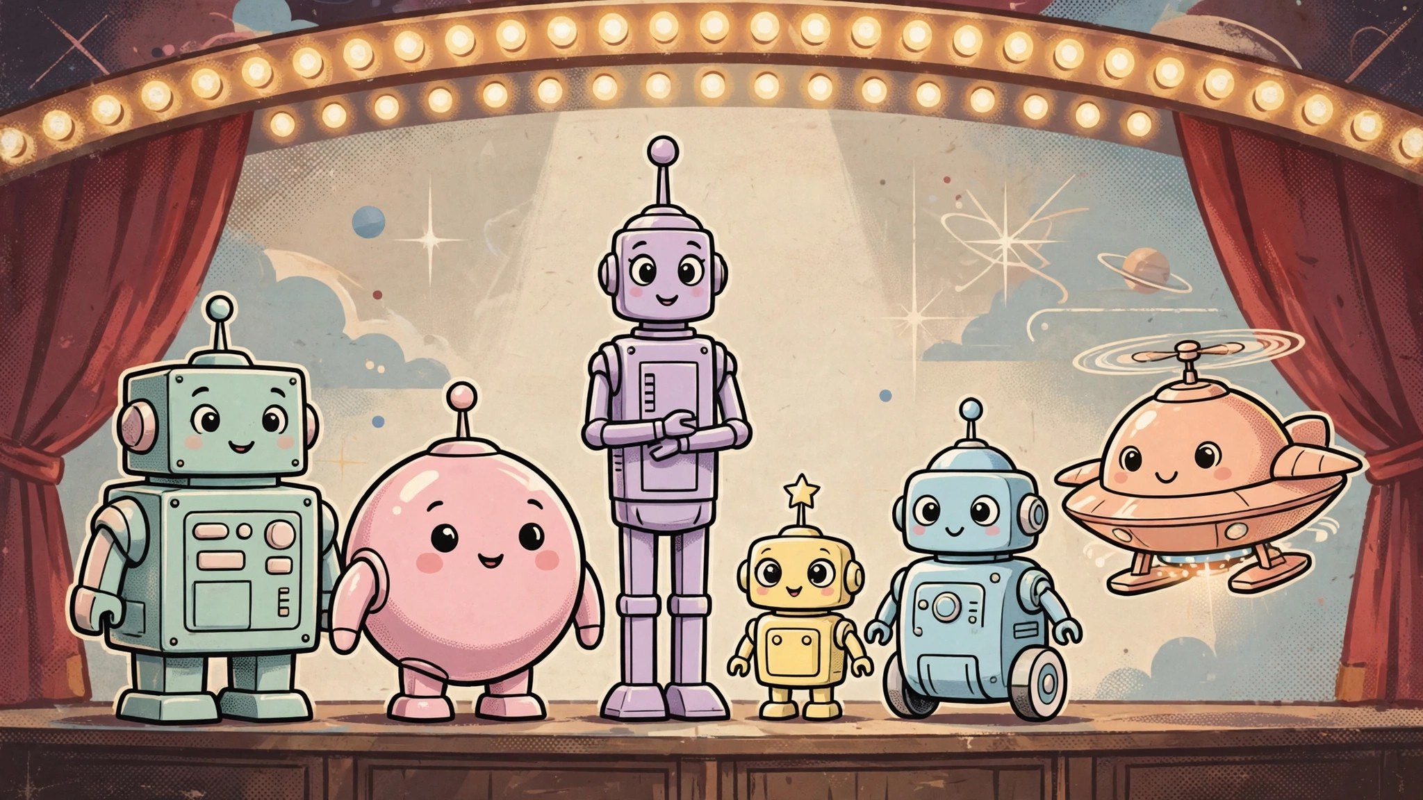 Six cartoon robots of different shapes lined up on a stage
