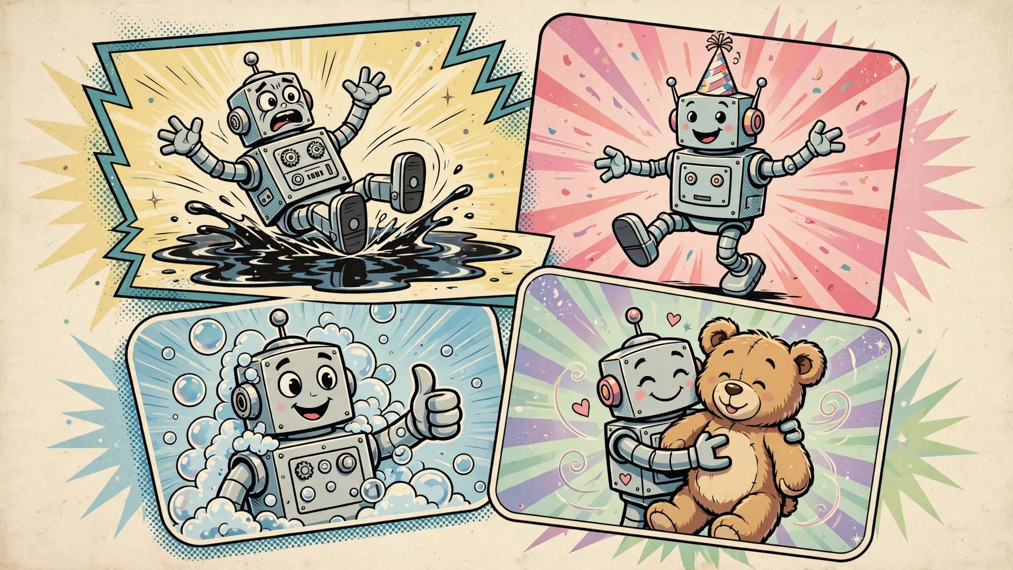 Comic panels of robots slipping, dancing, and hugging a teddy bear