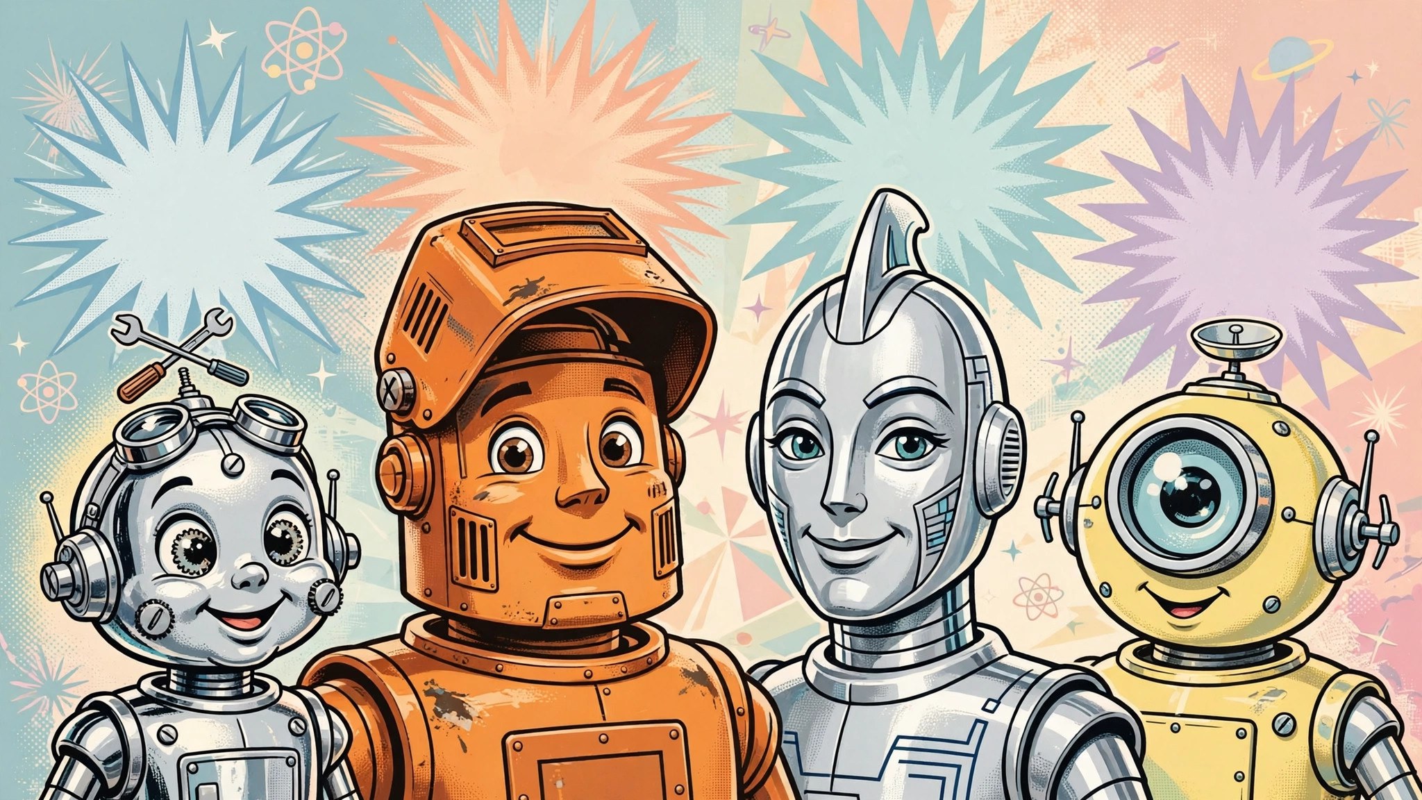 Close-up faces of the four robot cast members