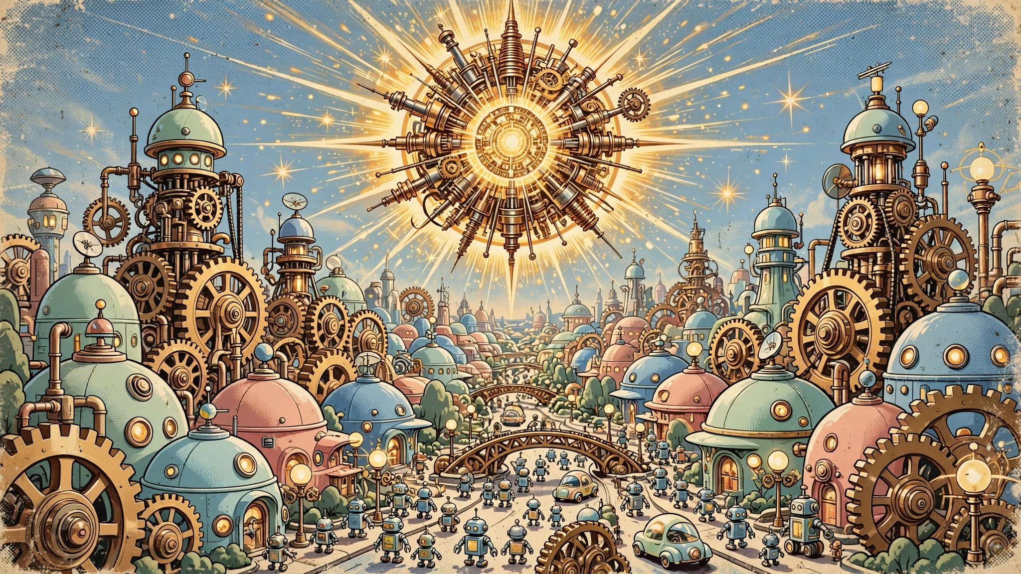 Panorama of a pastel robot city with gear towers and a glowing dynamo sun