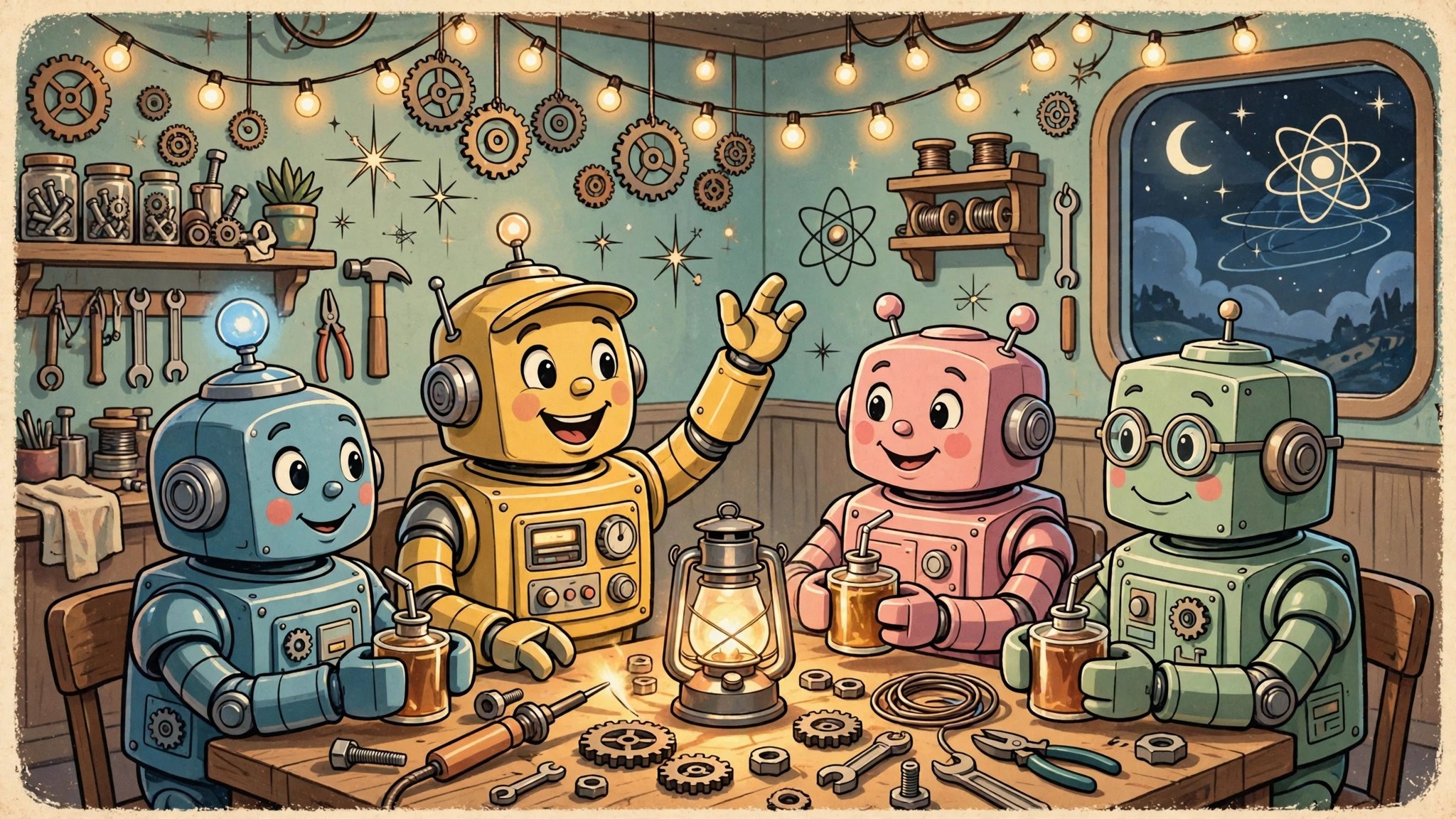 Four robots sharing oil-can drinks around a glowing workbench
