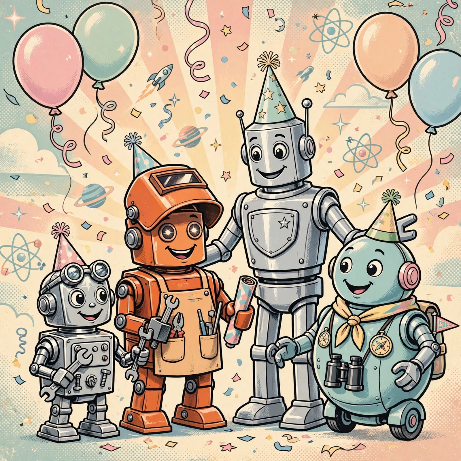 Four robots in party hats celebrating with balloons
