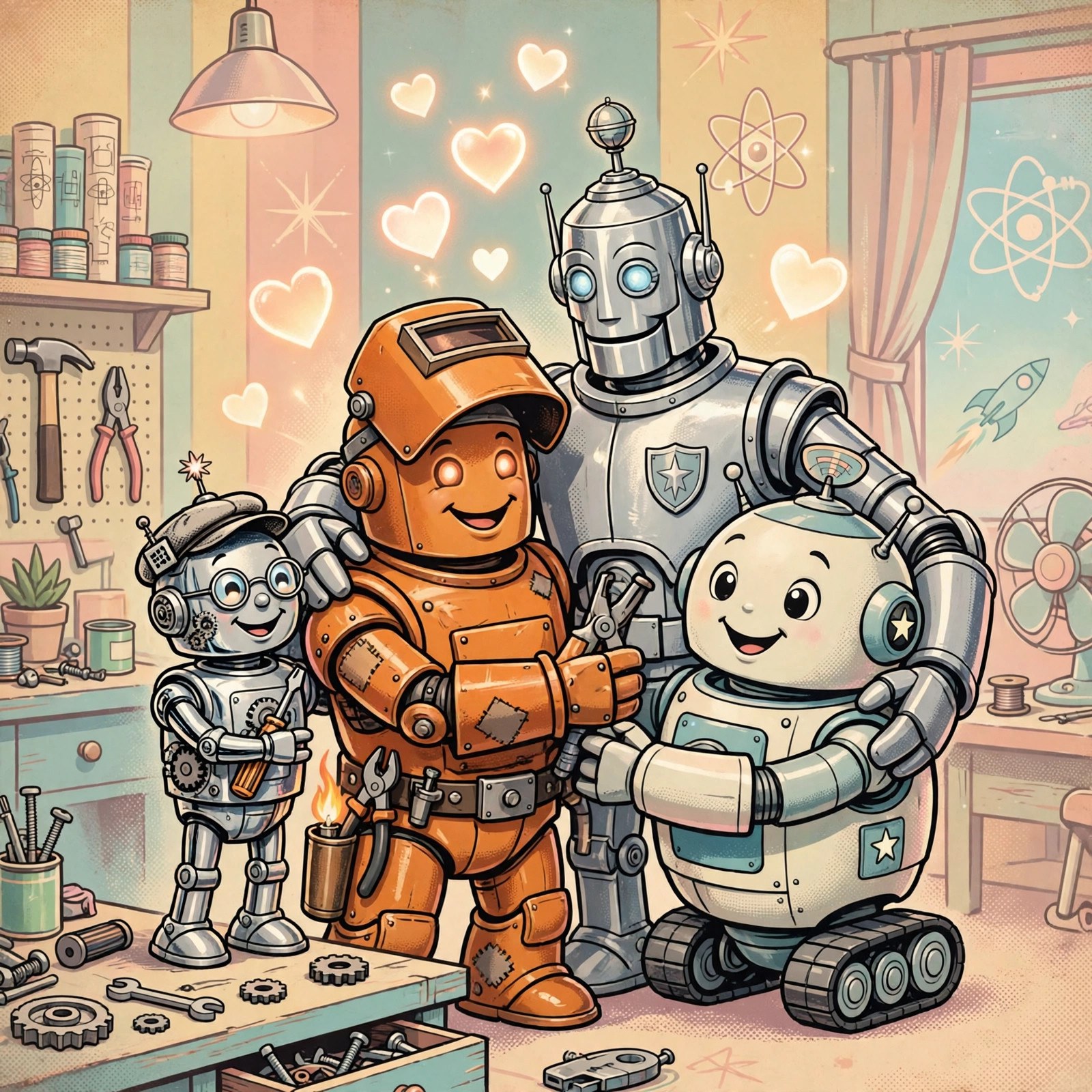 Four robots in a group hug with glowing hearts above them
