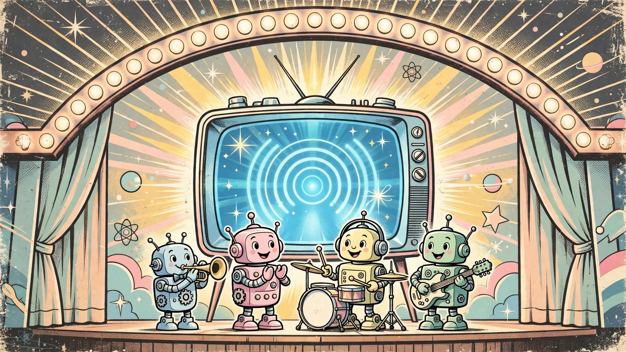 Robots performing on a stage with a giant glowing TV screen and marquee