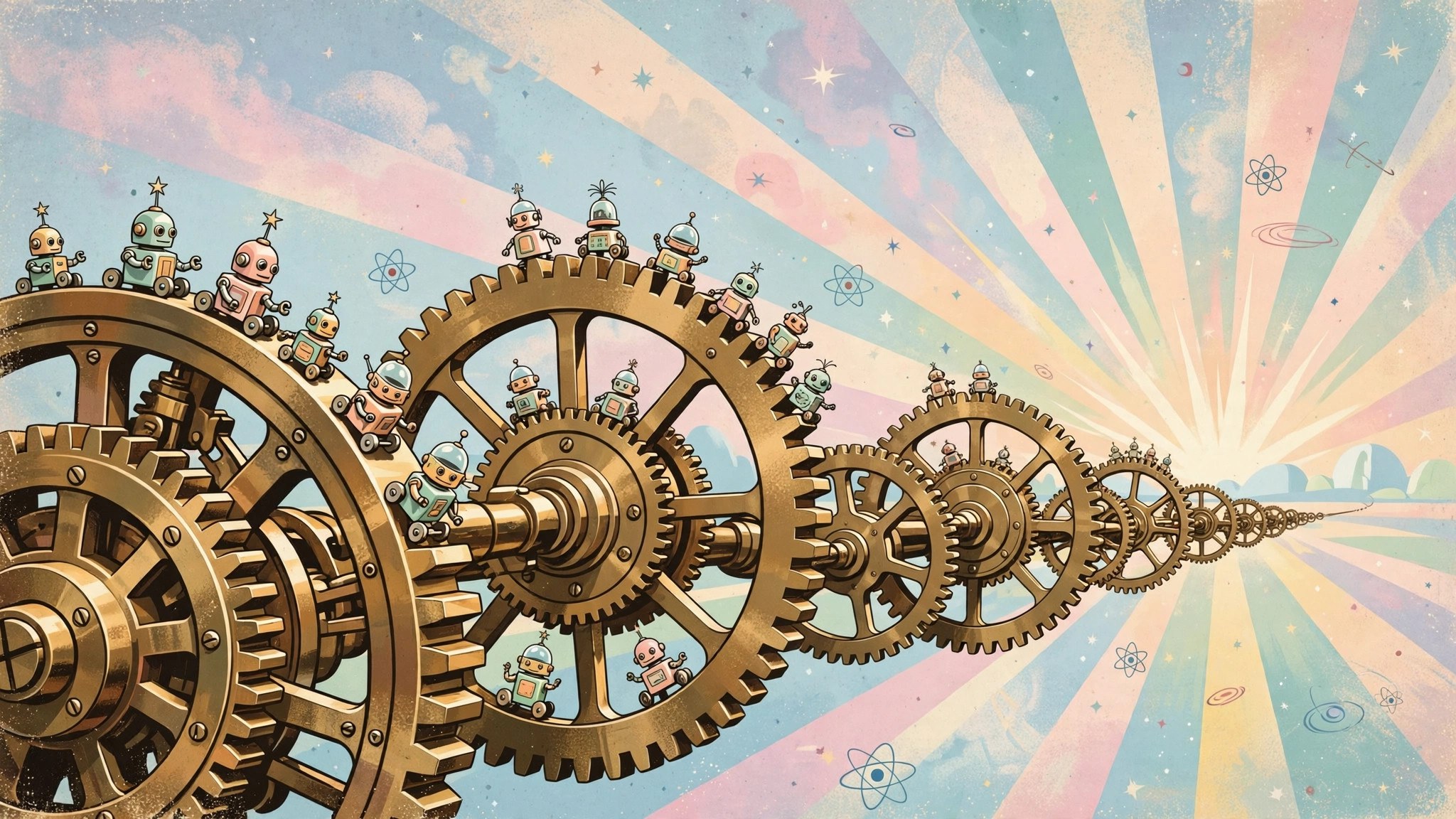 Interlocking brass gears stretching to the horizon with robots riding them