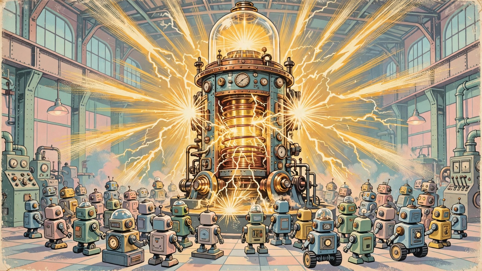 Robots gathered around a giant glowing dynamo machine