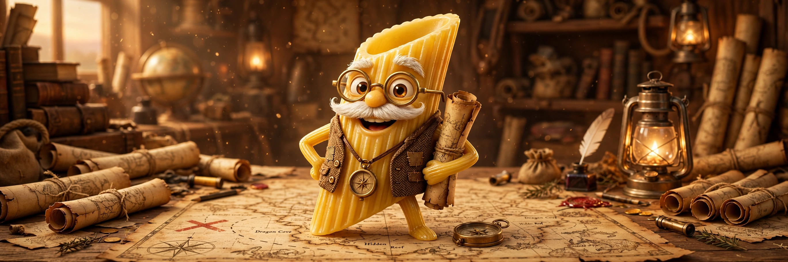 AI-generated dramatization: Uncle Penne the cartoon penne storyteller standing on a giant treasure map