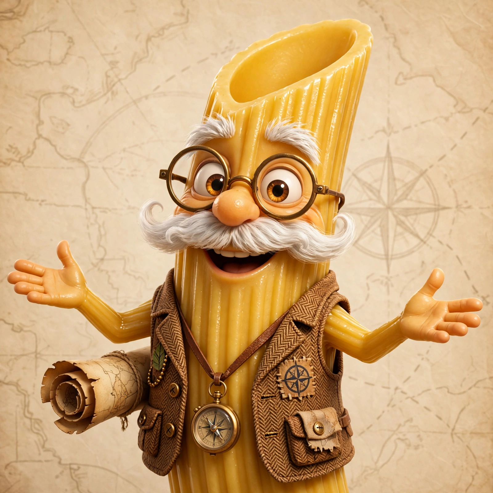Character portrait: an elderly eccentric penne pasta tube cartoon character: golden diagonal-cut tube body, bushy white 