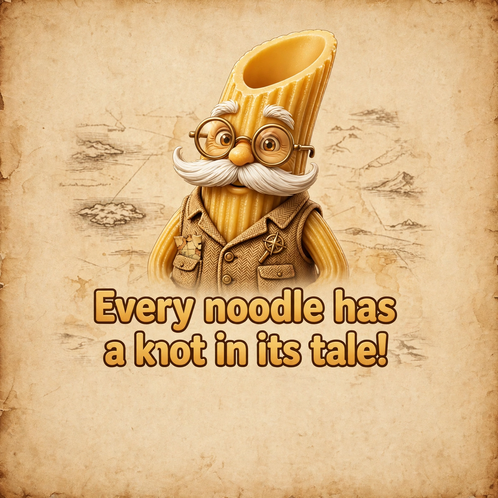 AI-generated dramatization: Uncle Penne social card — 'Every noodle has a knot in its tale!'