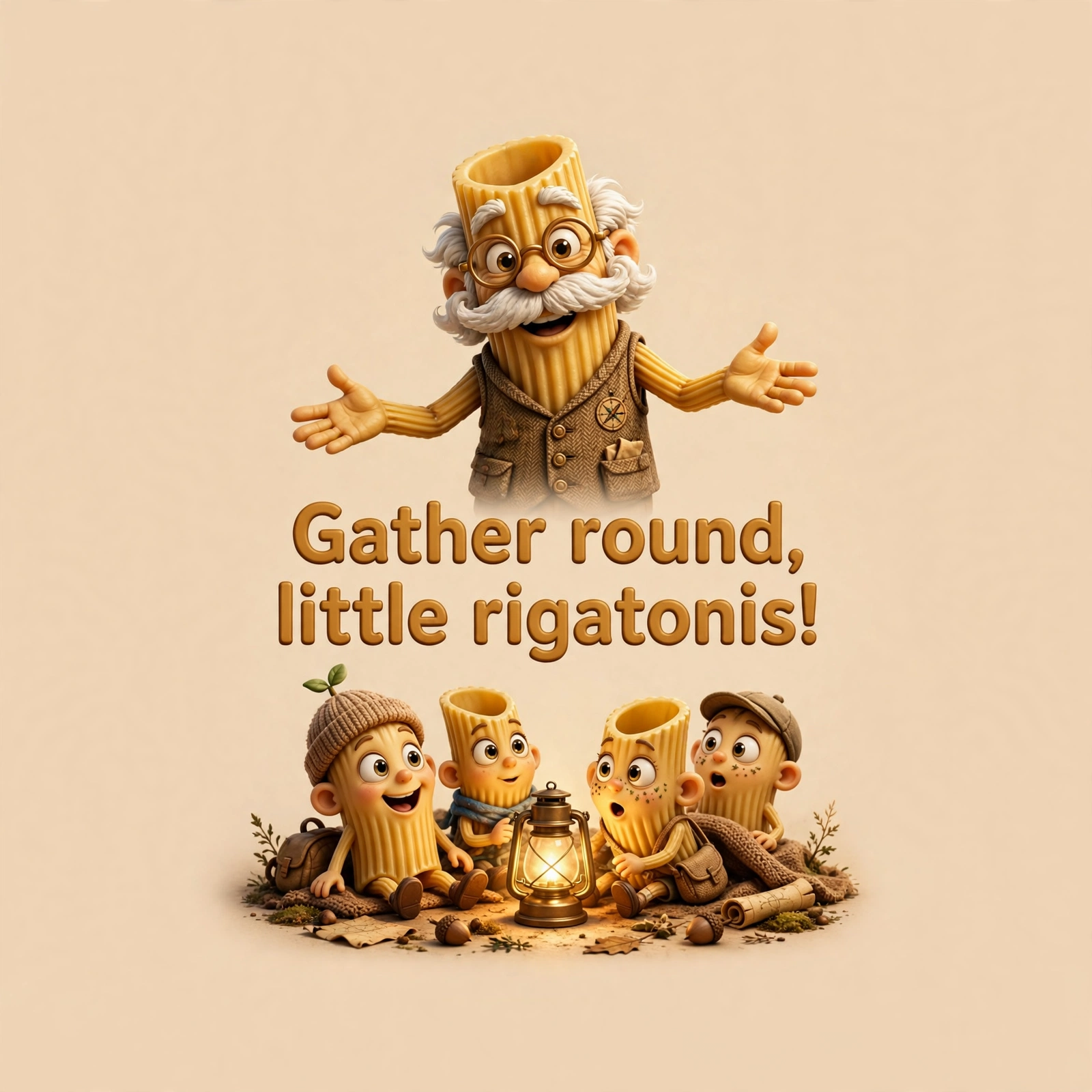 AI-generated dramatization: Uncle Penne social card — Gather round, little rigatonis!