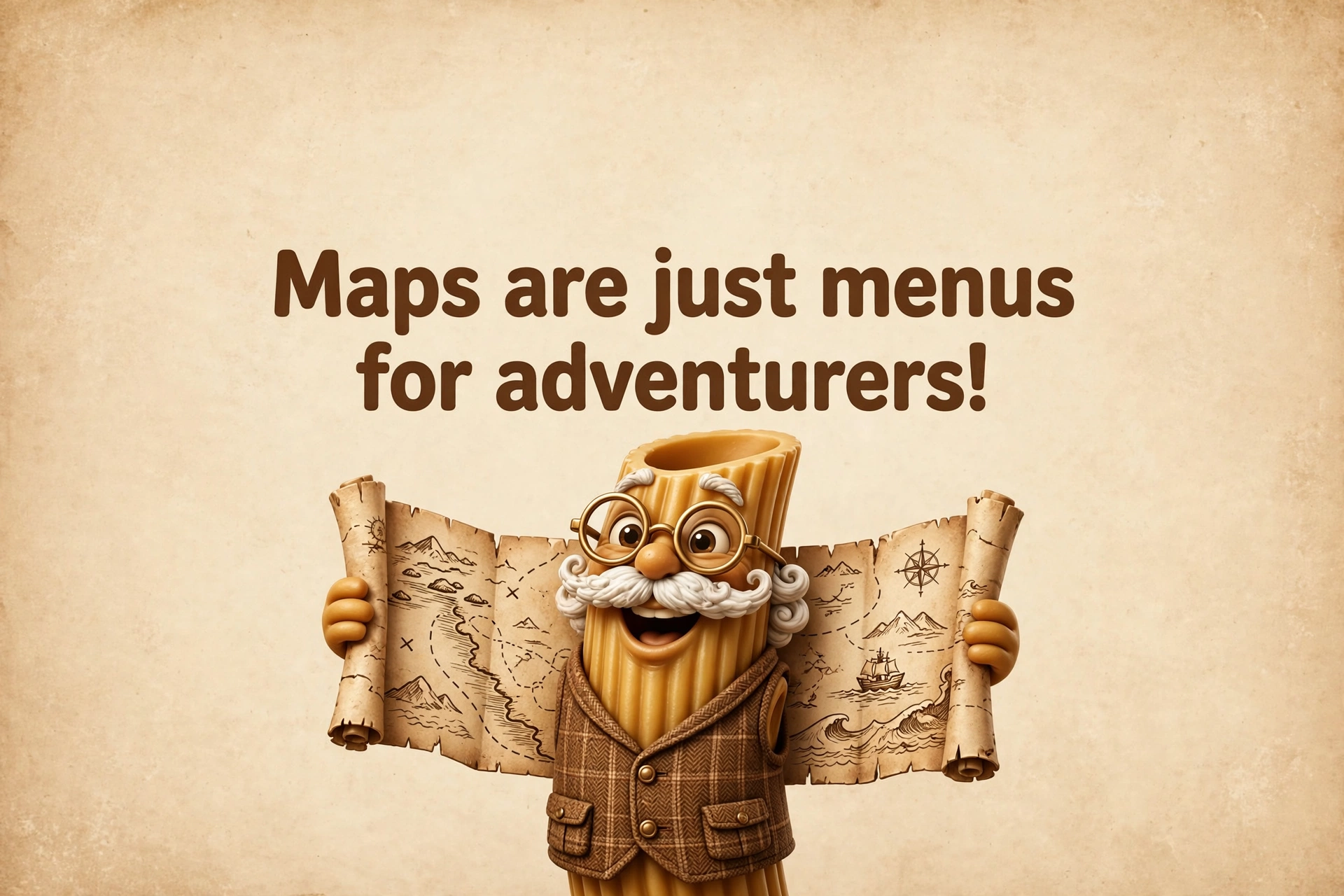 AI-generated dramatization: Uncle Penne social card — Maps are just menus for adventurers!