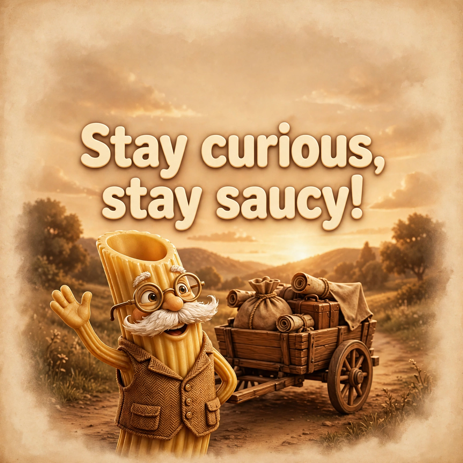 AI-generated dramatization: Uncle Penne social card — Stay curious, stay saucy!