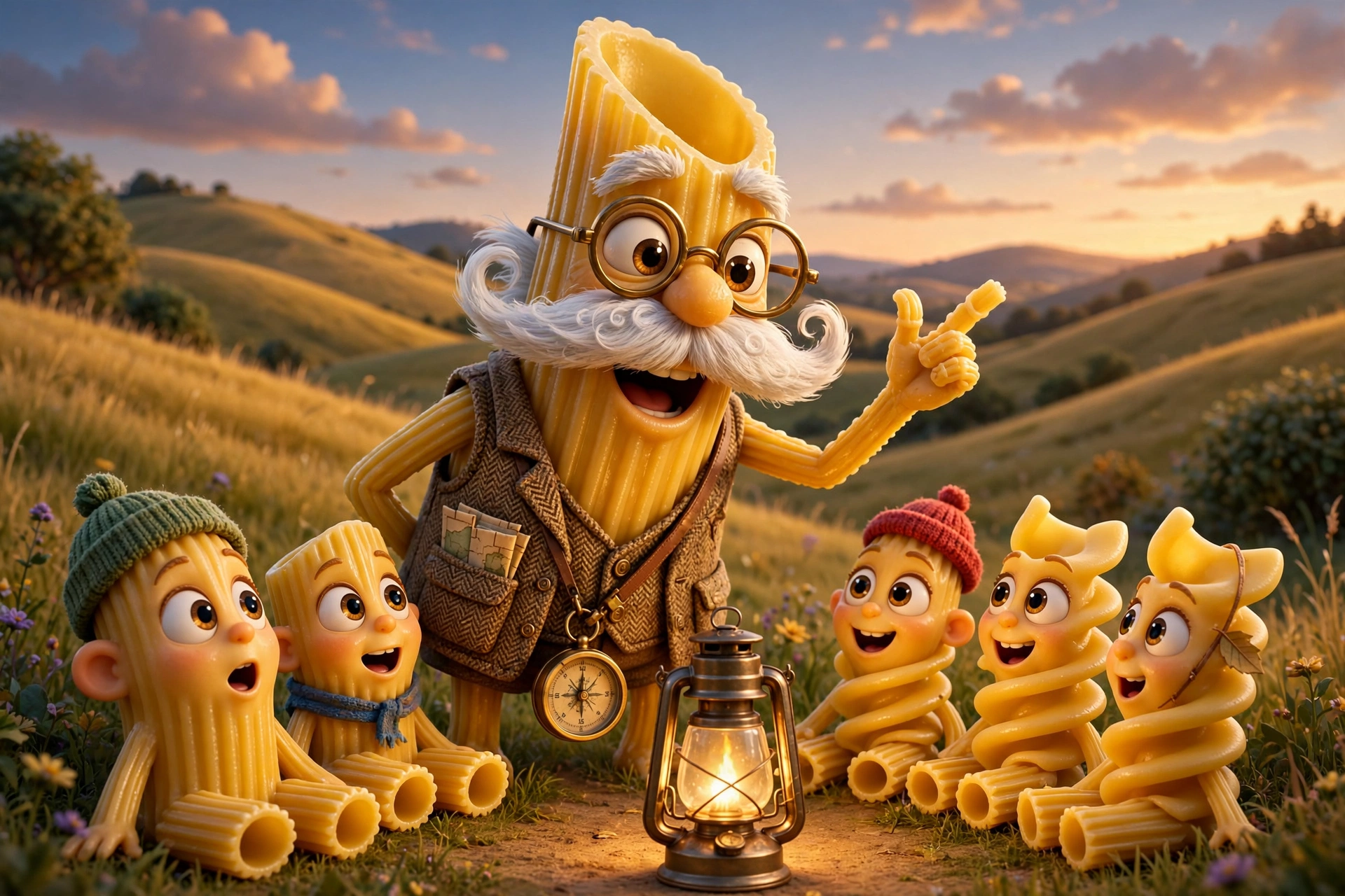 an elderly eccentric penne pasta tube cartoon character: golden diagonal-cut tube body, bushy white mustache, round bras