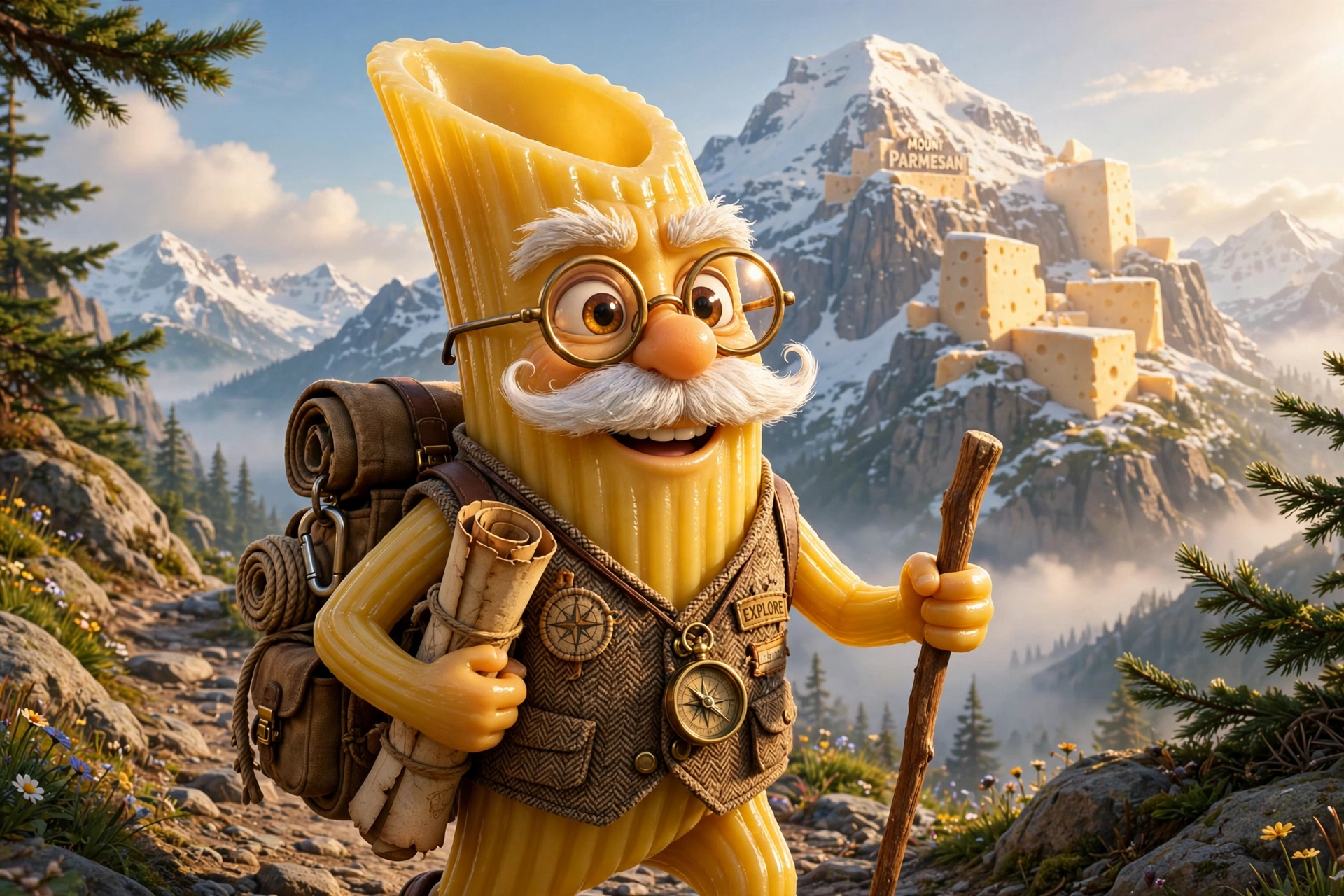 an elderly eccentric penne pasta tube cartoon character: golden diagonal-cut tube body, bushy white mustache, round bras