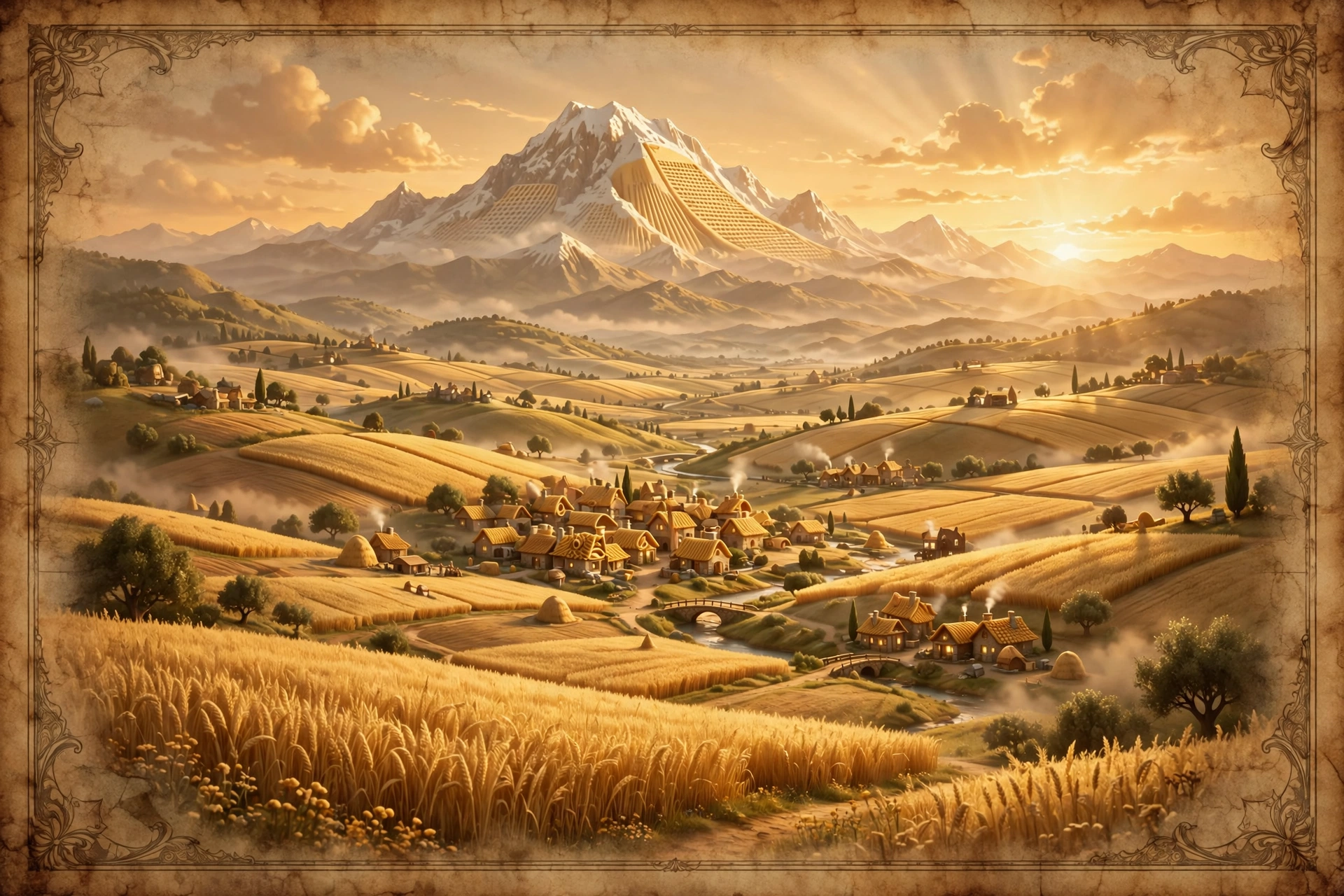Pastalia valley panorama, storybook matte painting: golden Durum Hills wheat fields, snowcapped Mount Parmesan scored li