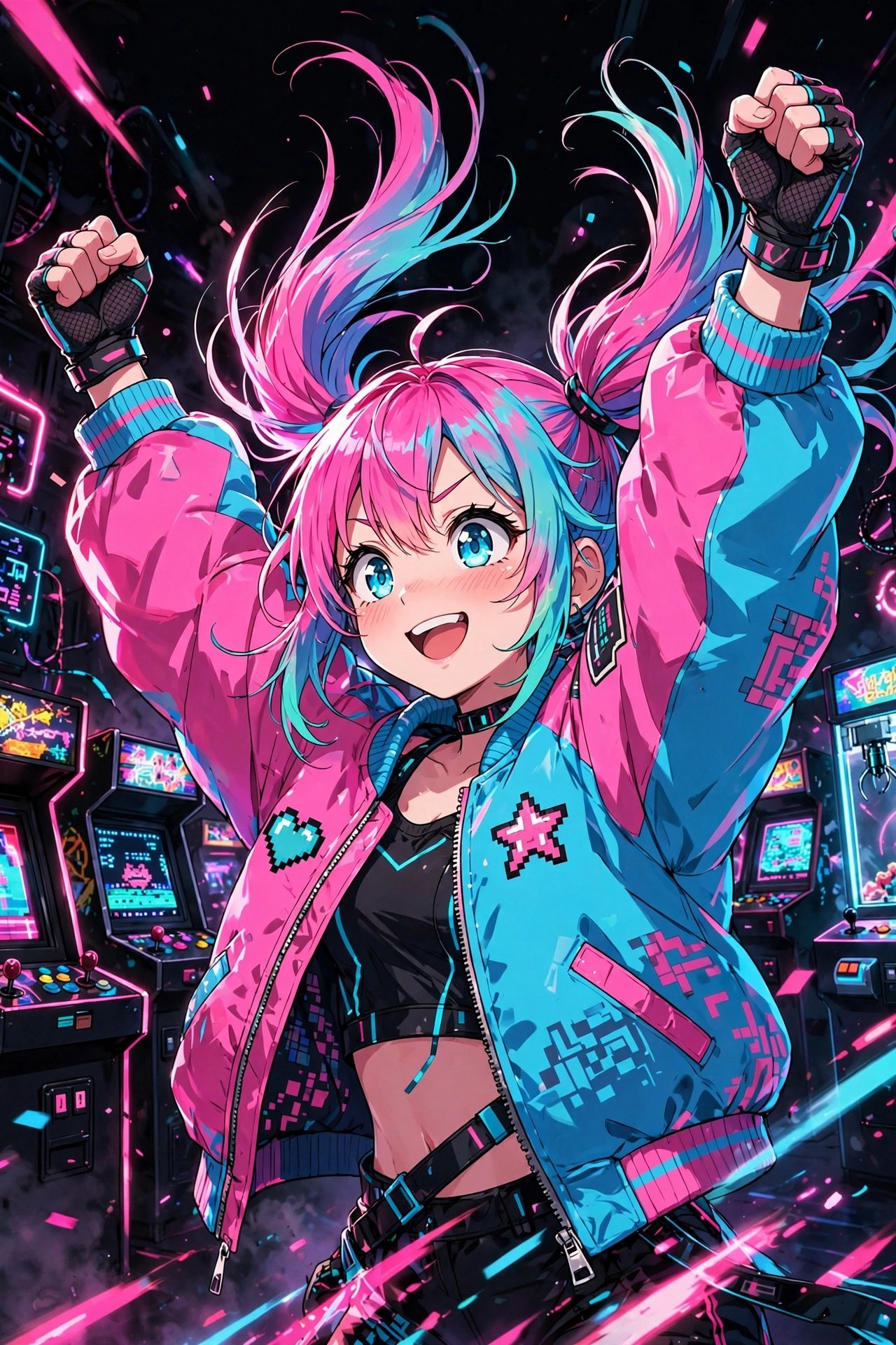 AI-generated illustration of anime-style gamer girl Uri Quinn celebrating victory in a neon-drenched arcade, pink and cyan lights