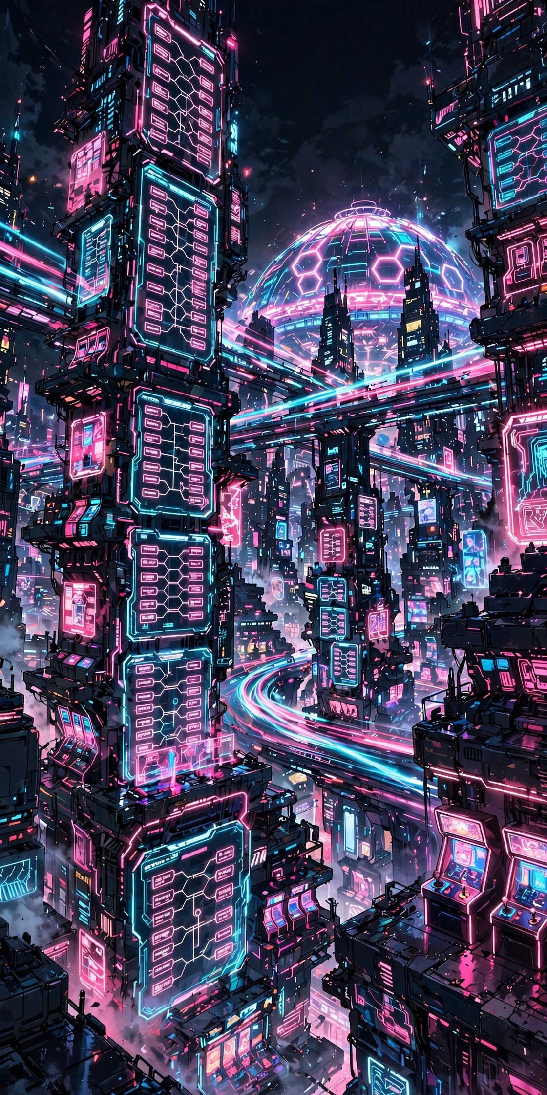AI-generated illustration of Neo-Kibou City at night: a vertical neon metropolis of arcade towers in pink and cyan