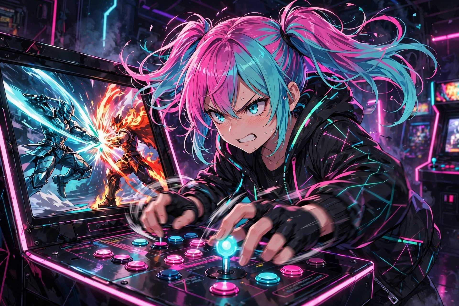 AI-generated illustration of Uri Quinn mid-match at an arcade cabinet, intense focus, screen glowing
