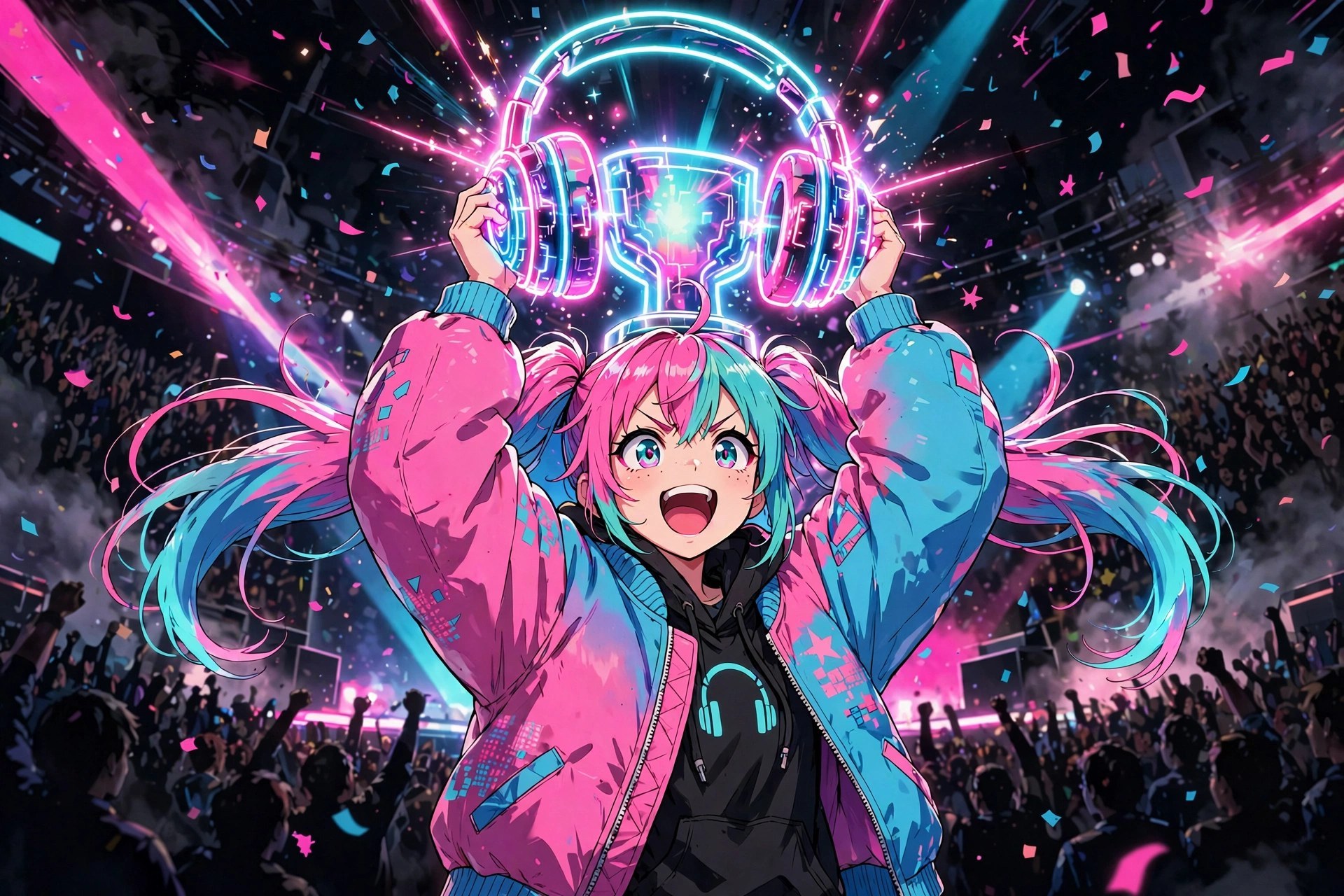 AI-generated illustration of Uri Quinn lifting a glowing neon headset trophy in a packed tournament arena