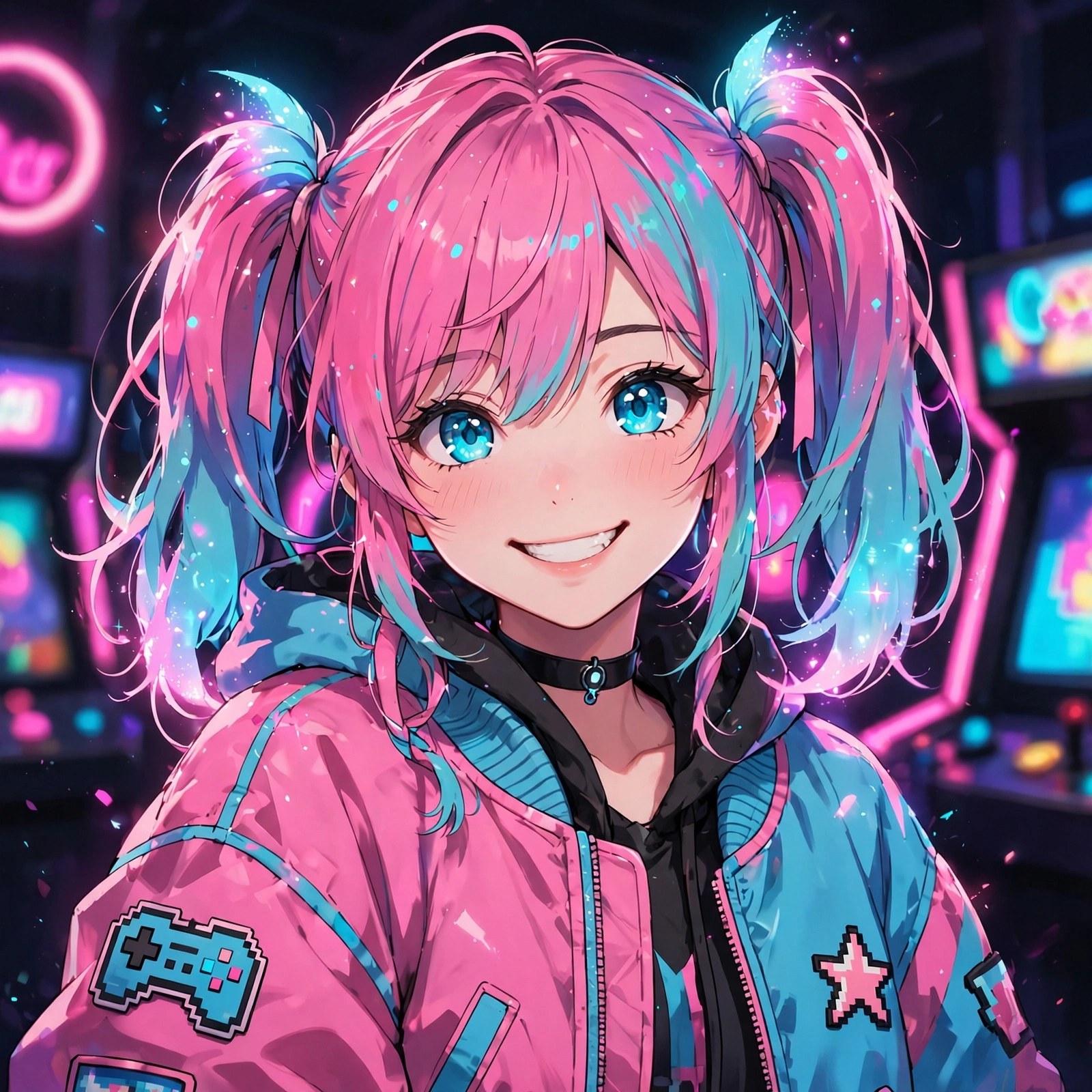 AI-generated portrait of anime-style gamer girl Uri Quinn with neon pink and cyan twin-tails, confident grin, arcade lights behind her