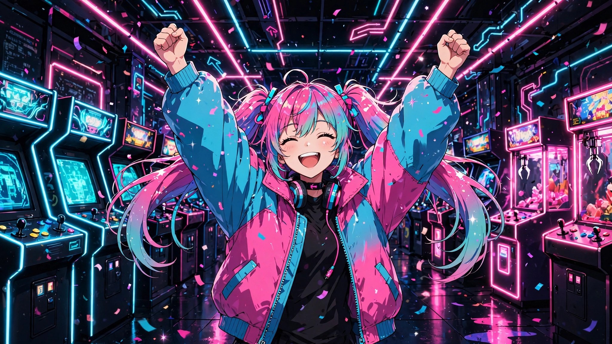 Wide banner: anime-style gamer girl with neon pink and cyan hair celebrating victory in a neon-drenched arcade, cabinets glowing around her