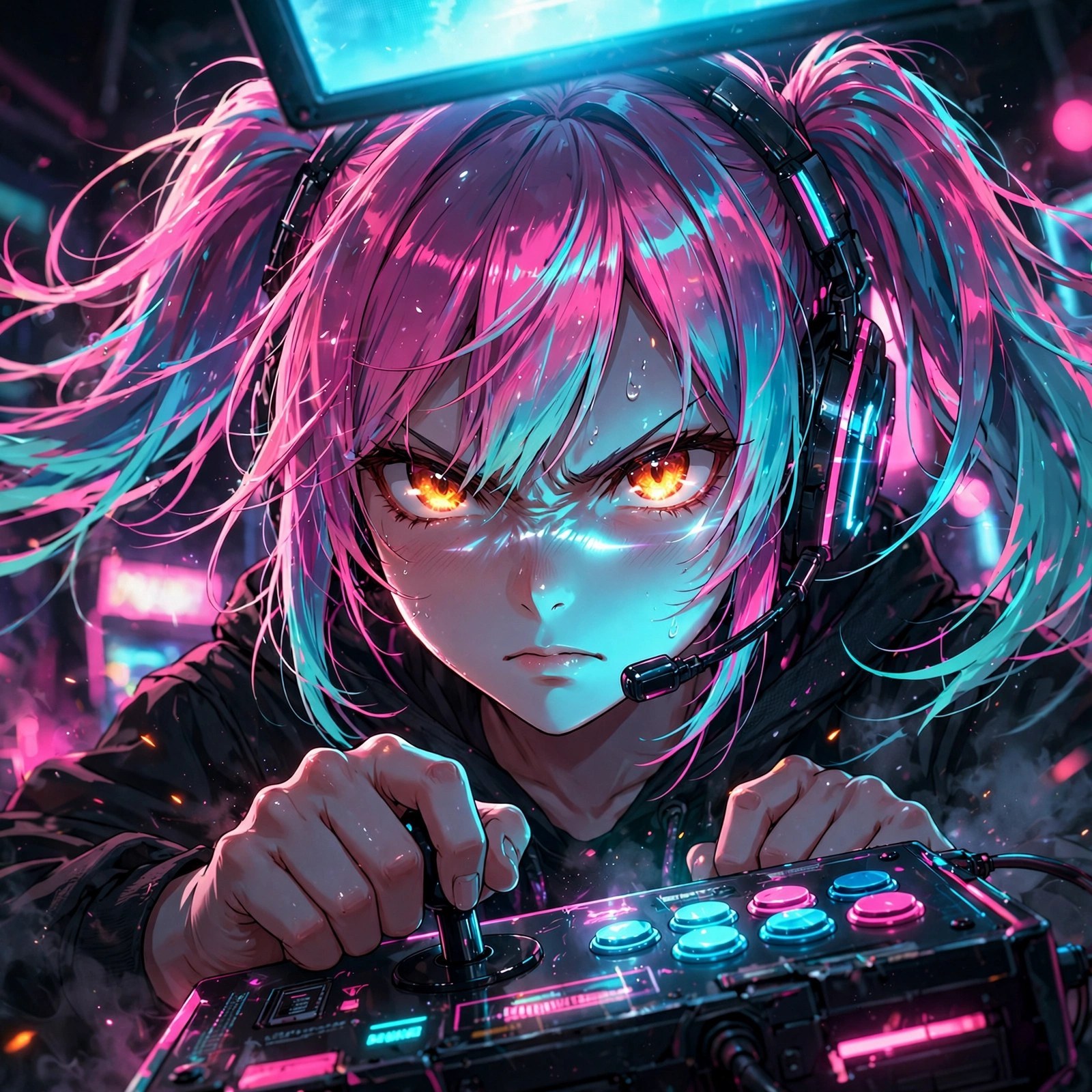 Uri Quinn mid-match at an arcade cabinet, intense focus, screen showing one pixel of health remaining, neon glow