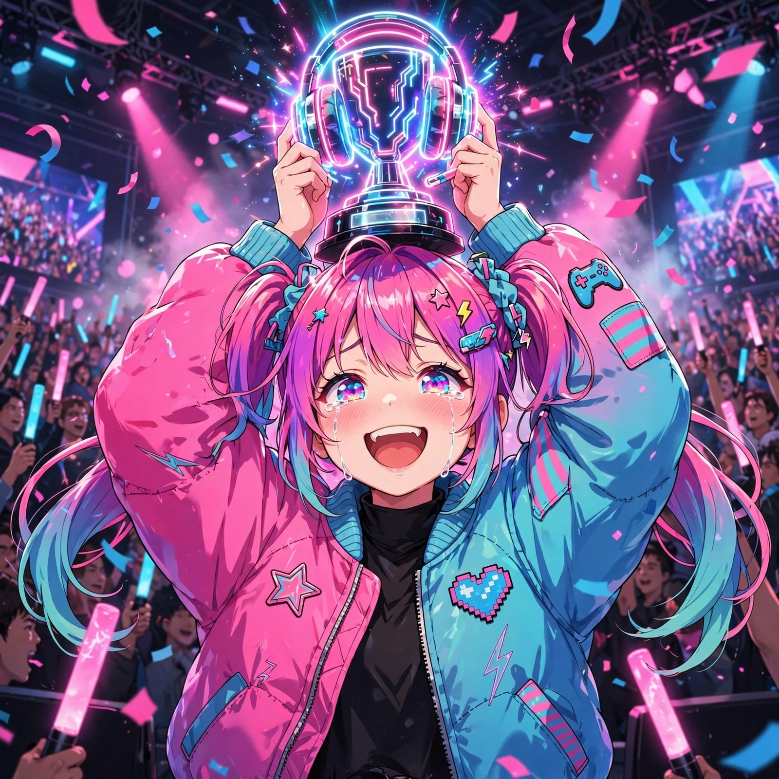 Uri Quinn lifting a glowing neon headset trophy in a packed tournament arena, confetti and pink-cyan lights