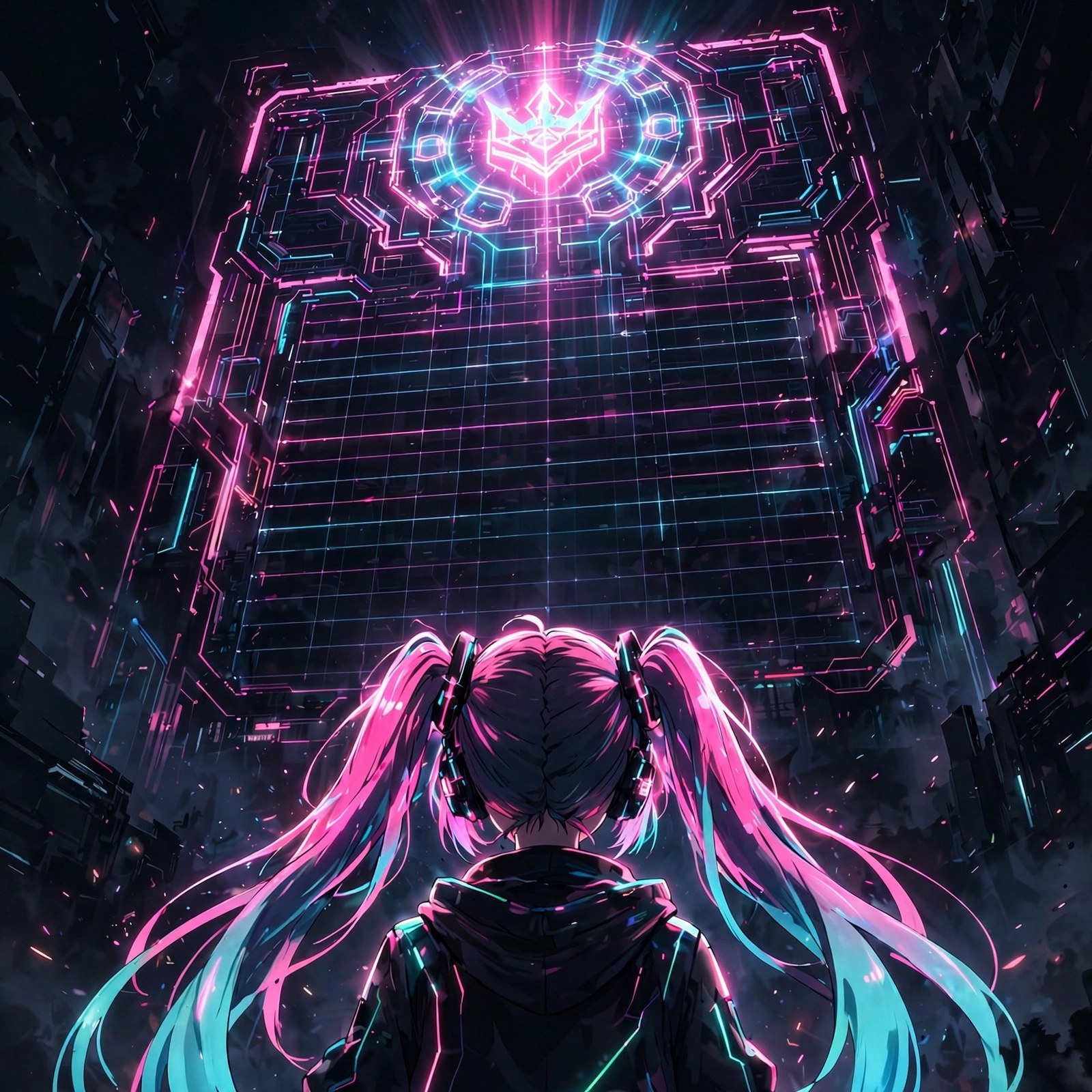 Uri Quinn facing a towering dark leaderboard with the name NULL_KING glowing at the top, dramatic neon silhouette scene