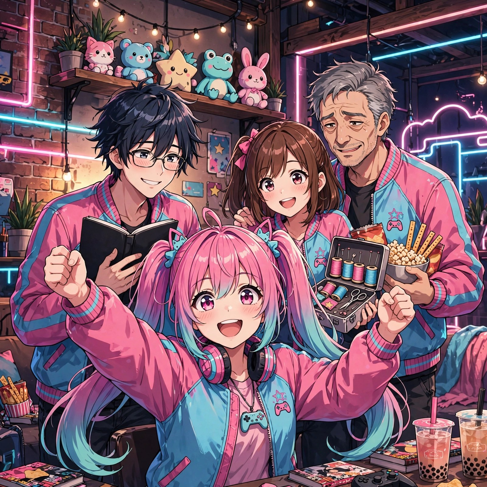 Uri Quinn with her three crewmates in matching jackets celebrating in a neon loft, plushie shelf on the wall behind them